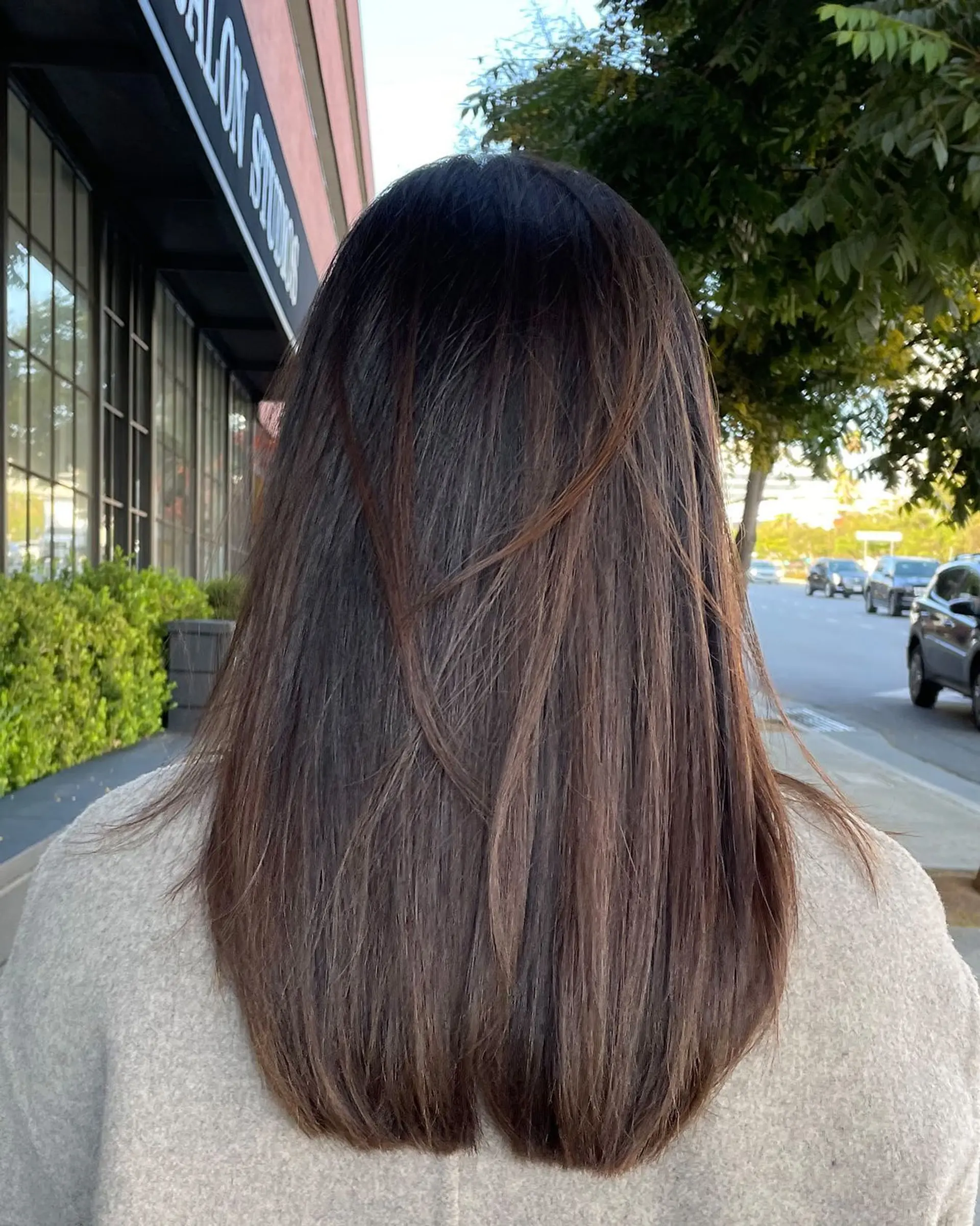 Long straight brunette hair cut with smooth, soft layers and detailed with subtle warm highlights. 1