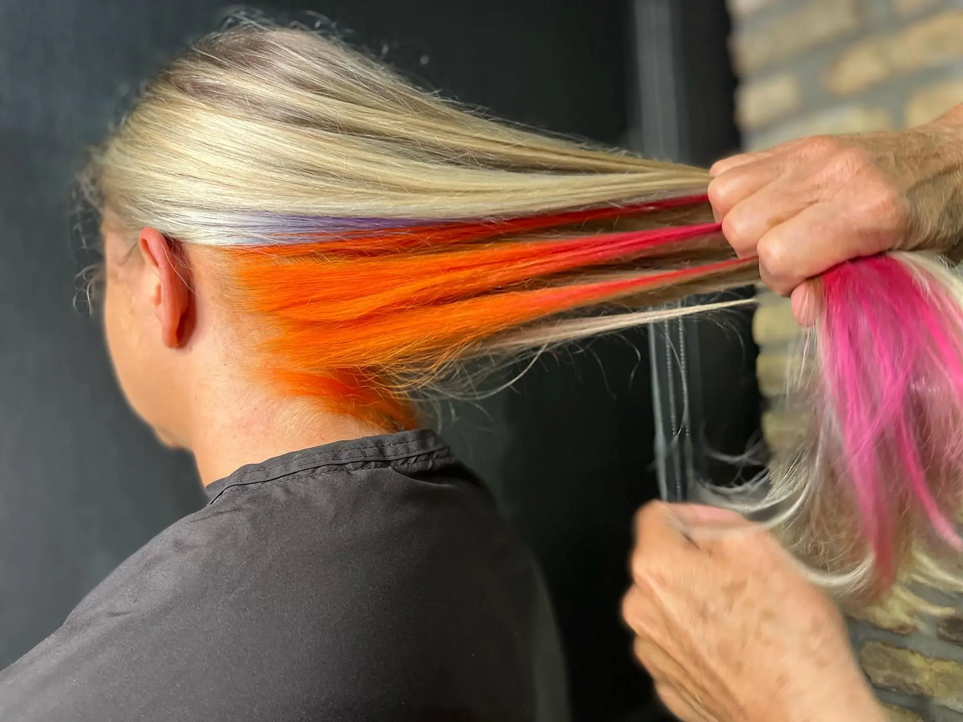 Long straight blonde hair with hidden vibrant color panels underneath. 1