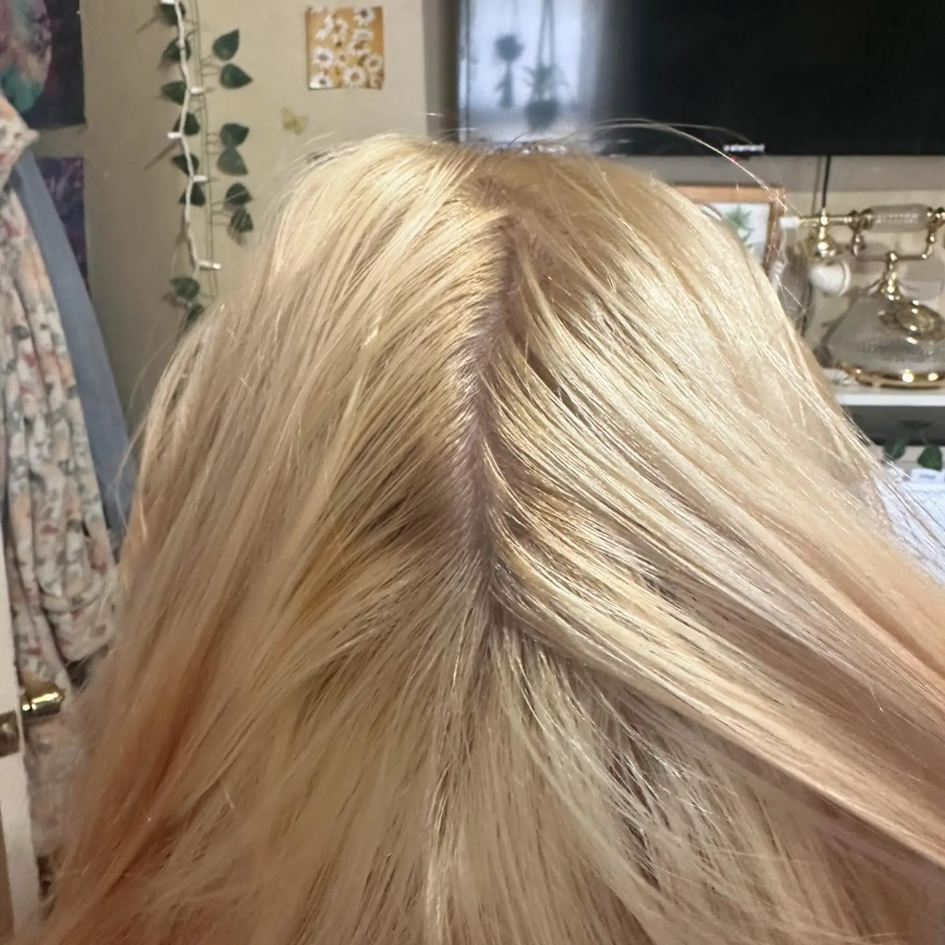 A close-up view of bright blonde hair parted down the center, showcasing an even, seamless blonding result. 1