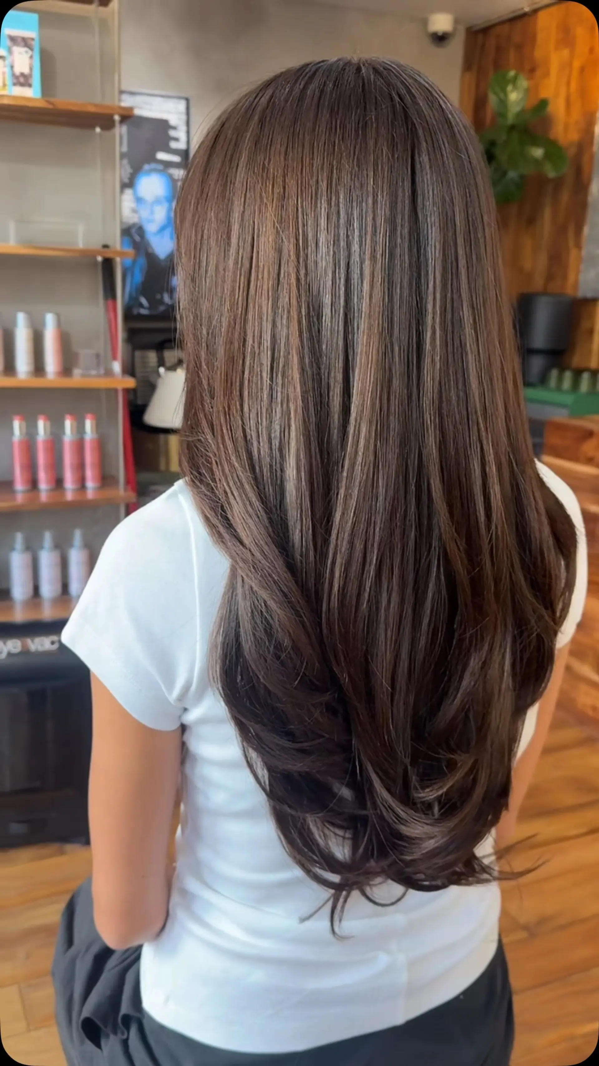 Long, healthy brunette hair cut into flowing layers and styled smooth with rounded, face-framing ends. 1