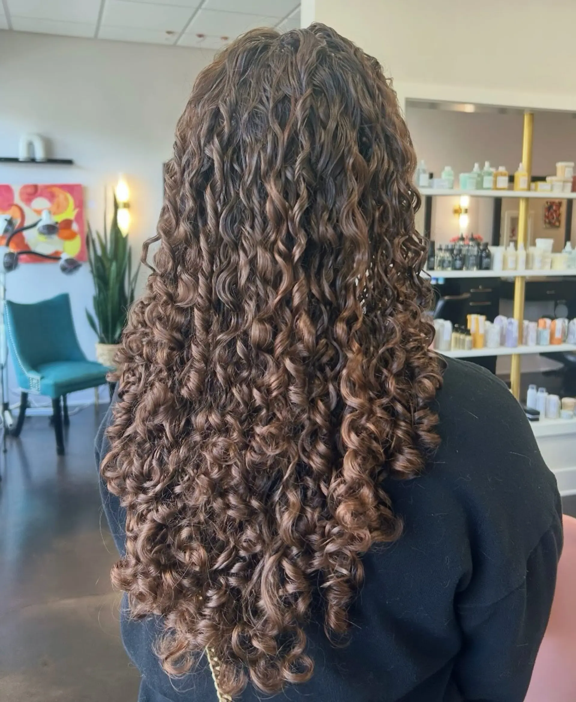 Long defined curls showcasing soft caramel and chocolate brown balayage highlights for added dimension. 1