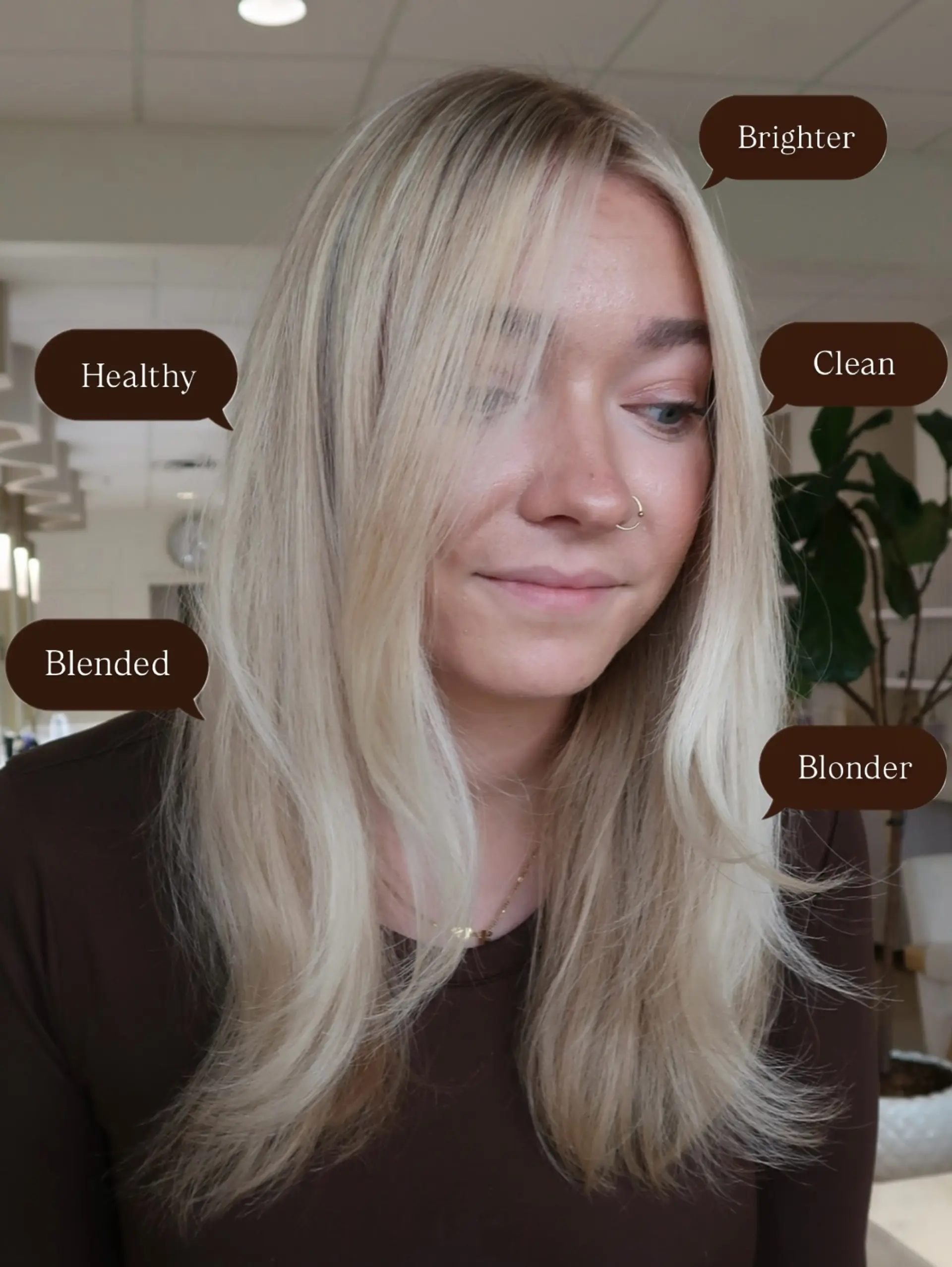 Bright, dimensional blonde hair styled smooth with gentle curving ends and soft face-framing fringe layers. 1