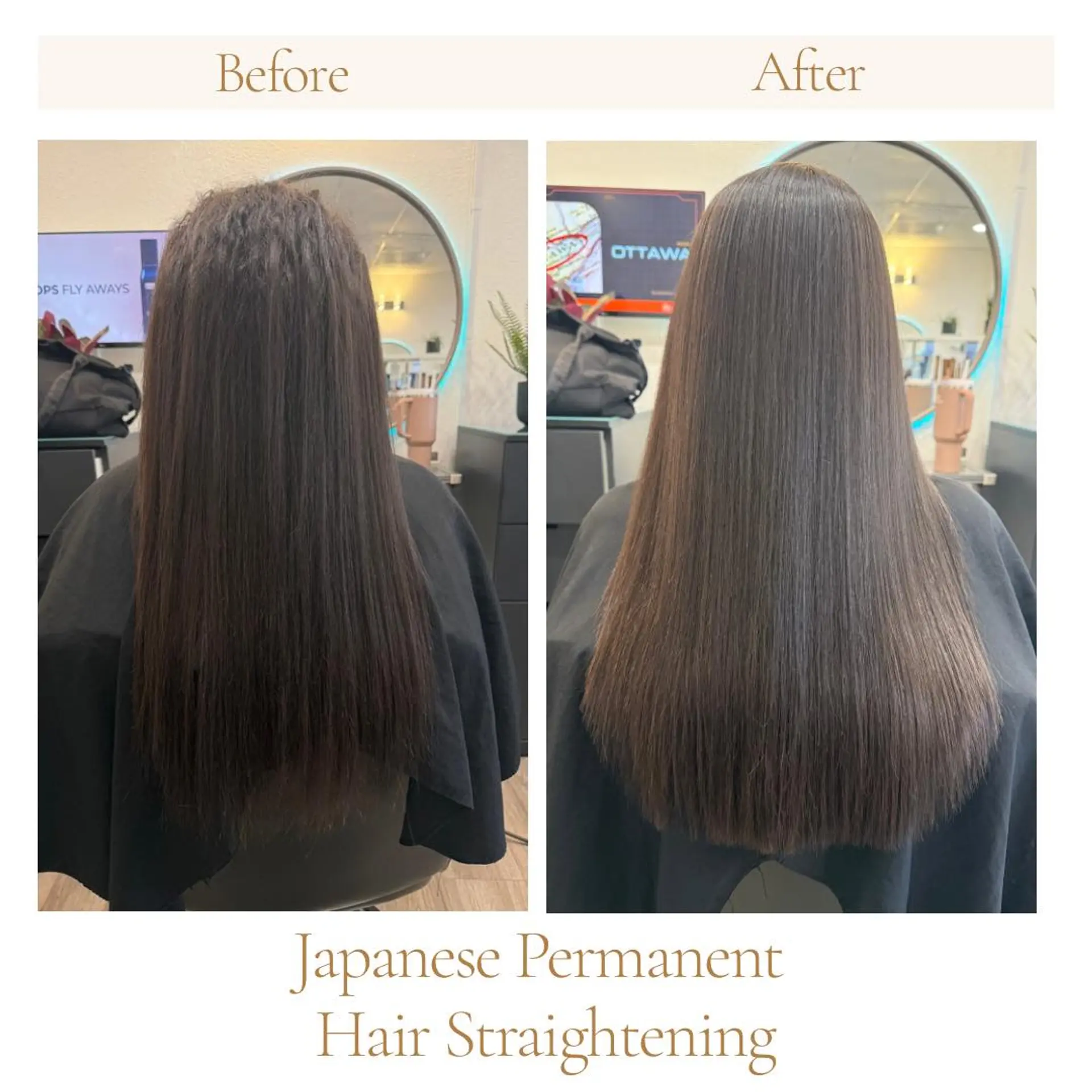 A sleek, pin-straight, glossy long brunette hairstyle following a smoothing treatment. 1