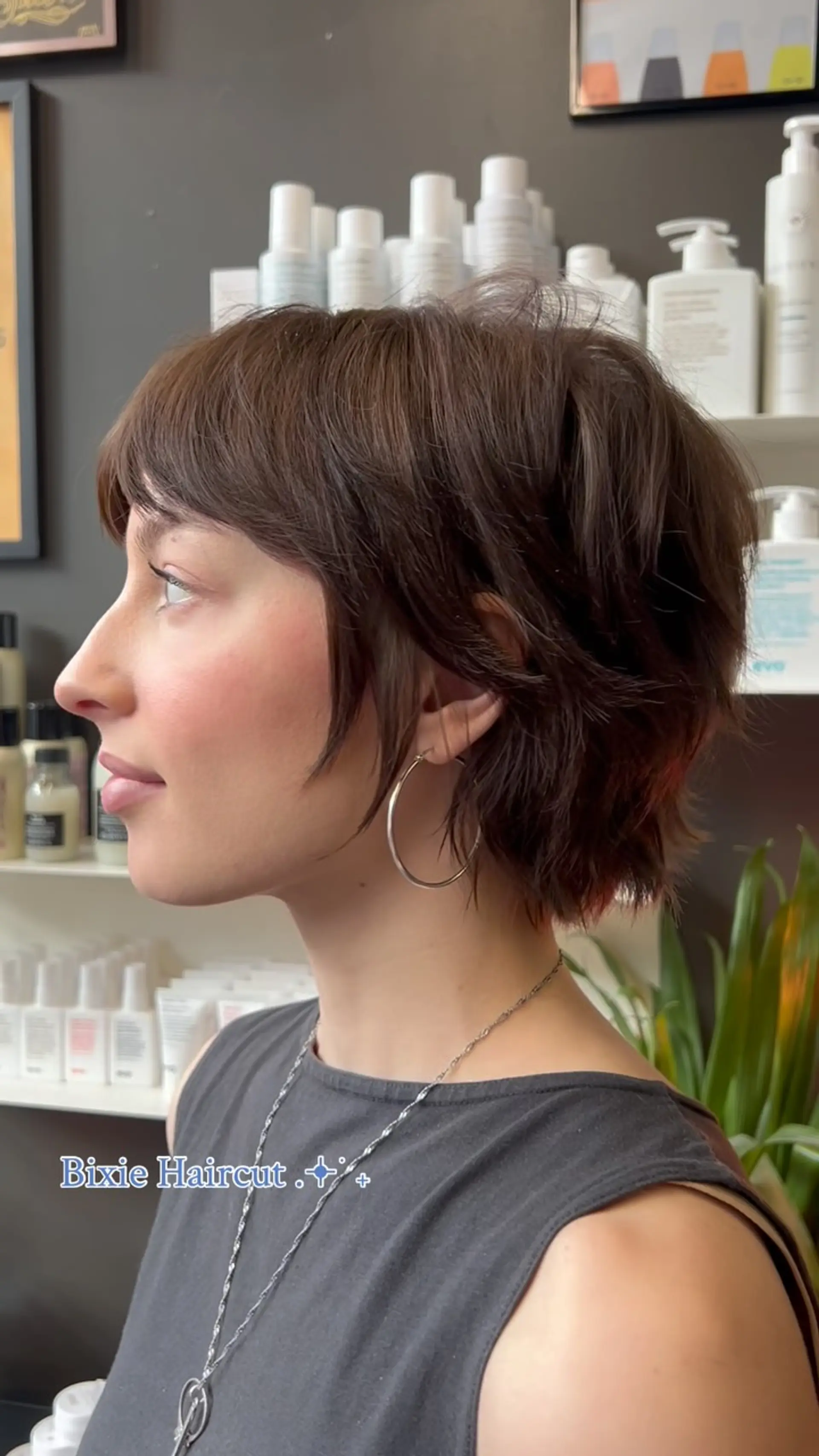 A textured brunette bixie cut featuring soft feathered layers, wispy bangs, and delicate face-framing pieces. 1