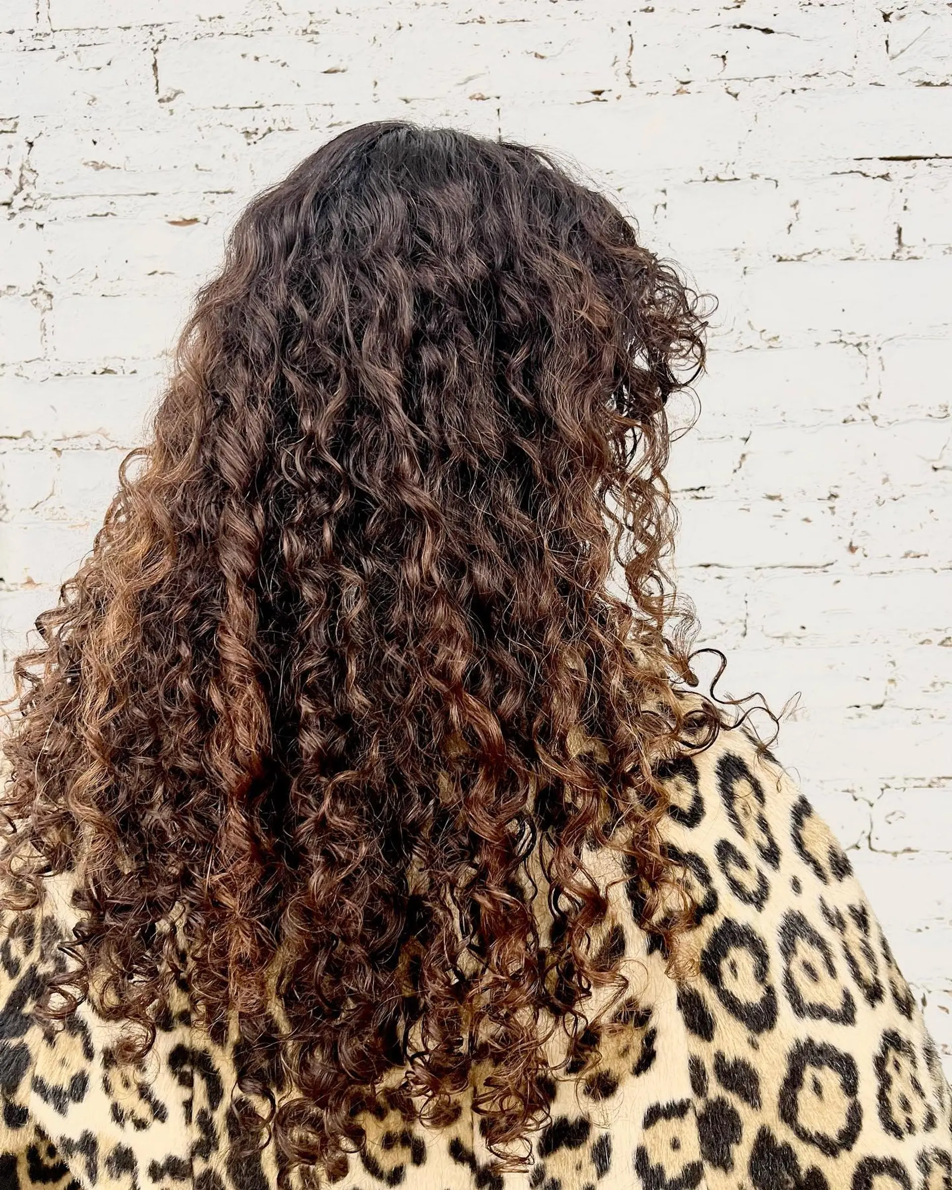Long, defined natural curls layered for enhanced volume and movement, with subtle warm brown dimension. 1
