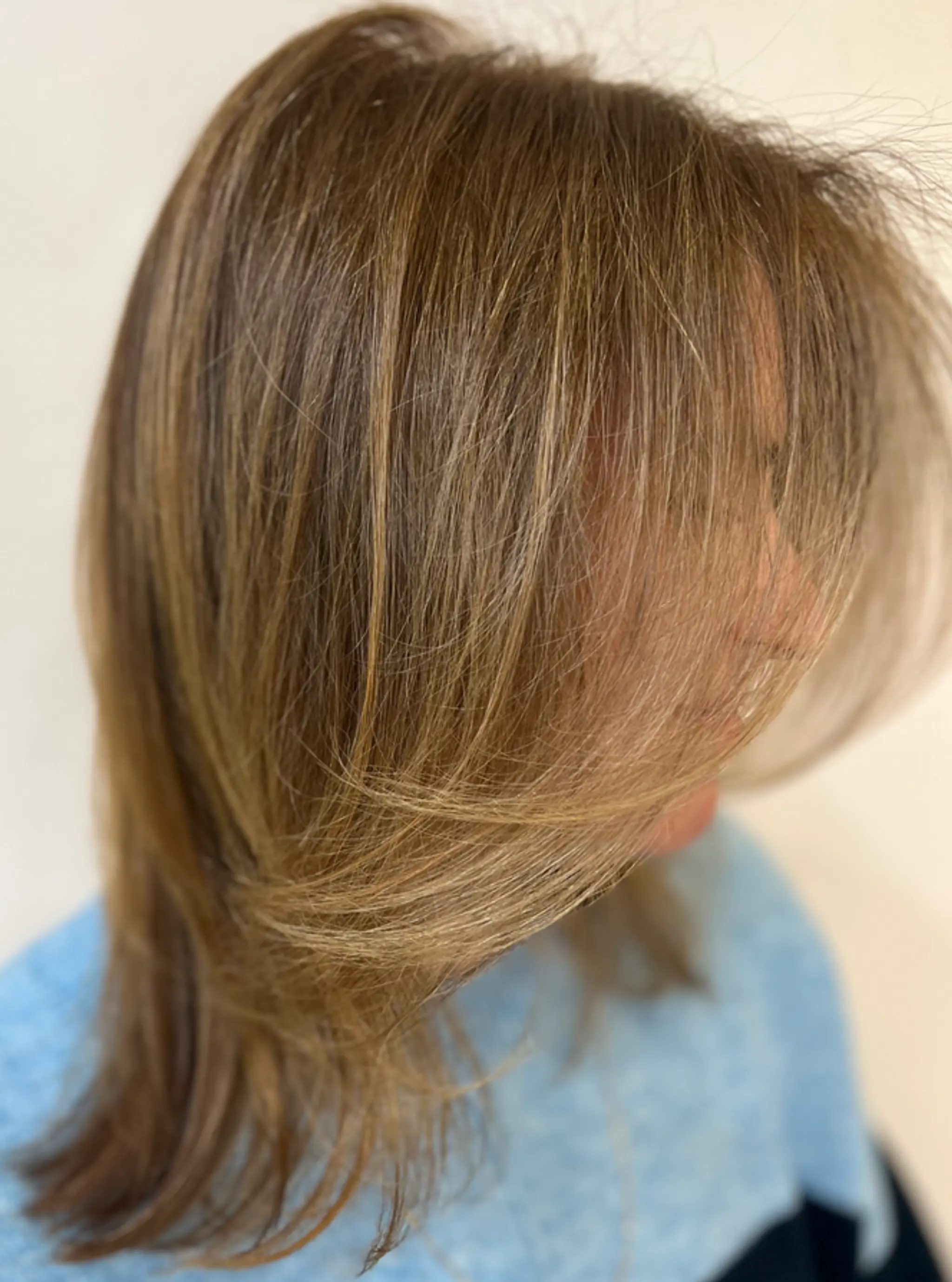 Medium-length straight hair with light brown and golden blonde highlights. Features include soft layers, natural shine, and side-swept bangs.
