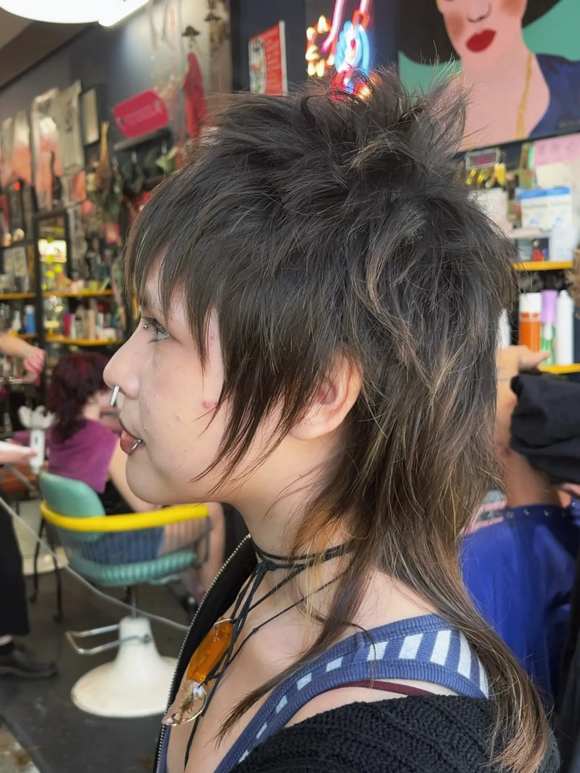 A heavily textured, choppy shag mullet with spiky crown volume, wispy face-framing layers, and longer lengths at the nape. 1