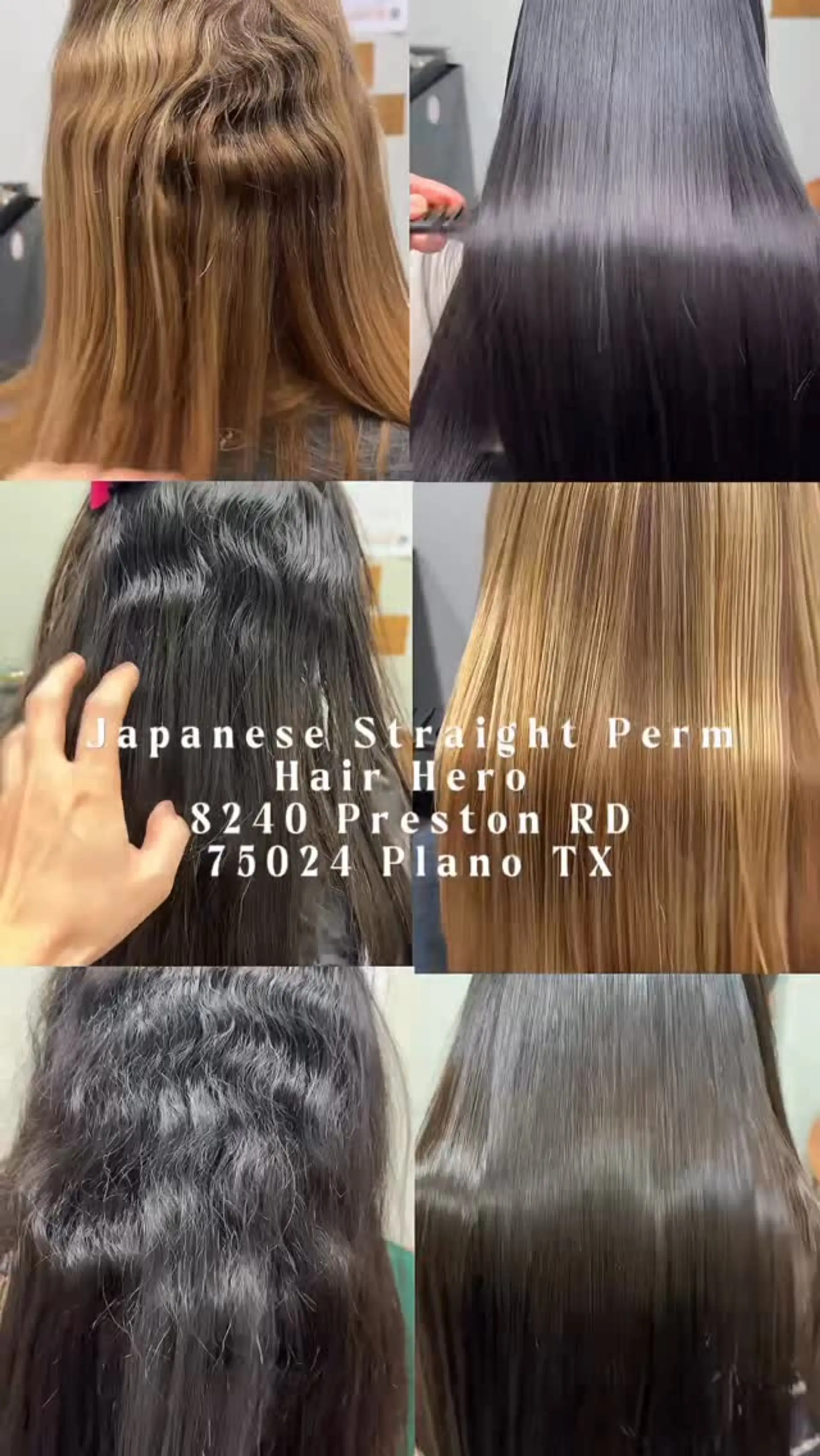 Before-and-after showcase of Japanese straight perms, transforming frizzy, wavy hair into smooth, silky, pin-straight tresses. 1