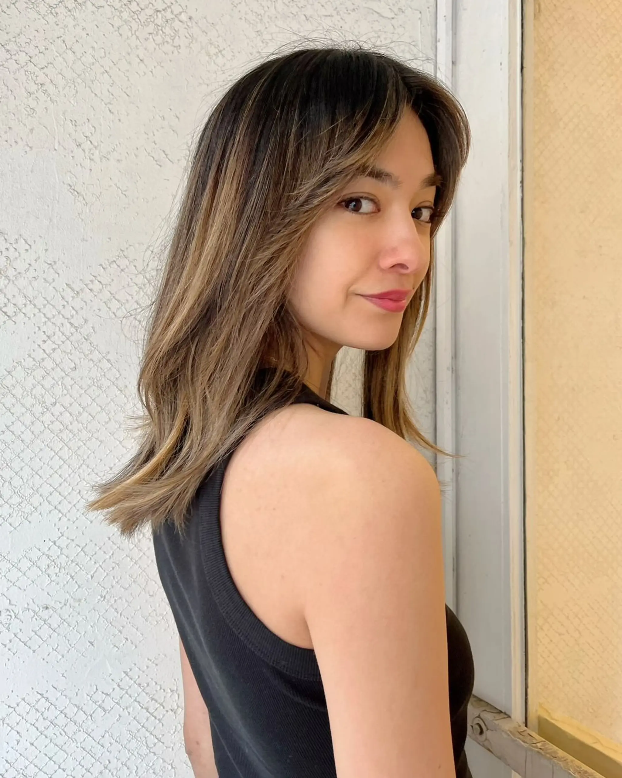 Medium-length straight hair with layers, dark brown base, and honey blonde highlights.