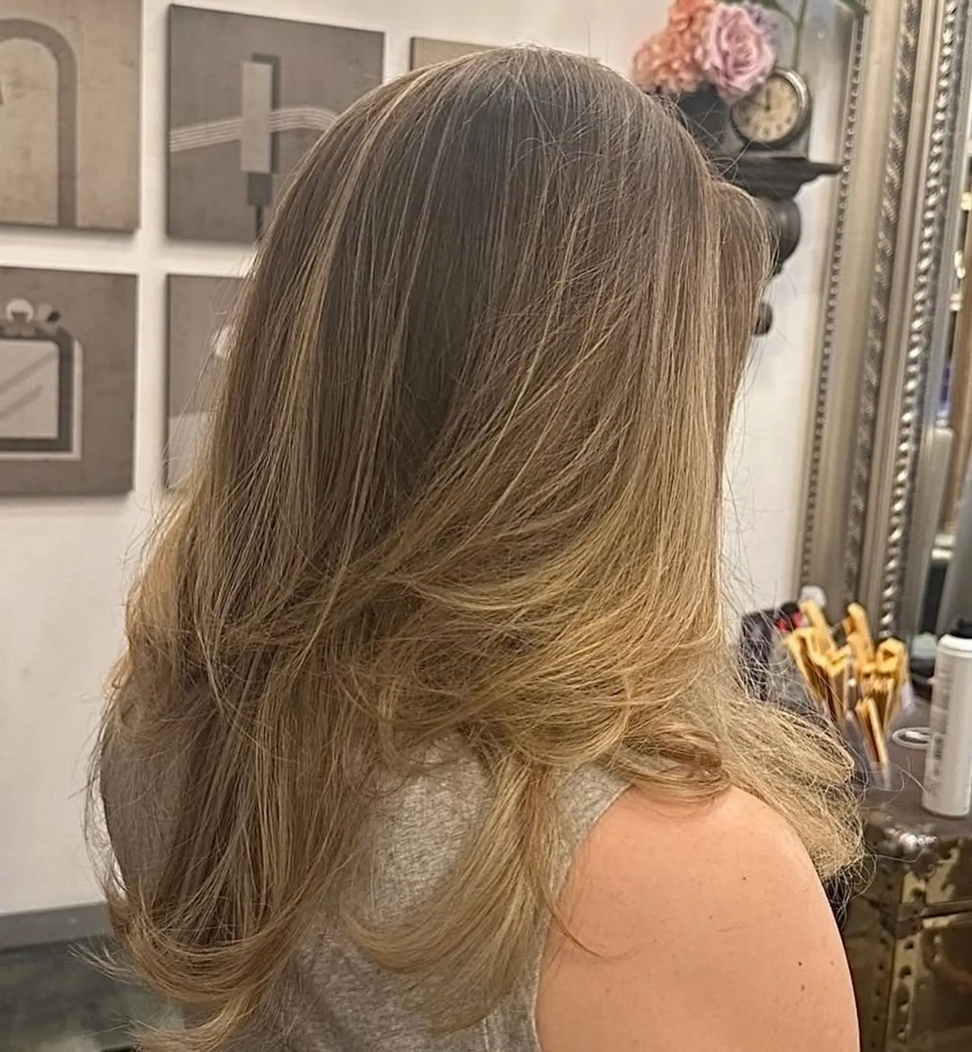 Long, straight hair with natural blonde to light brown gradient, featuring soft, voluminous layers and gentle waves at the ends. 1