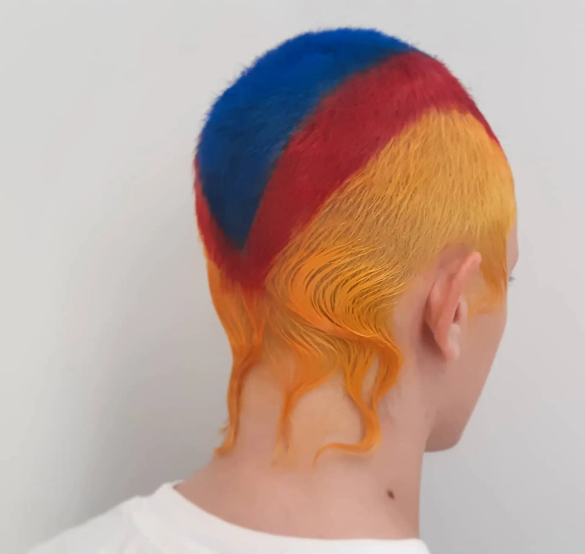 A very short buzzcut with bold primary color blocks. 1