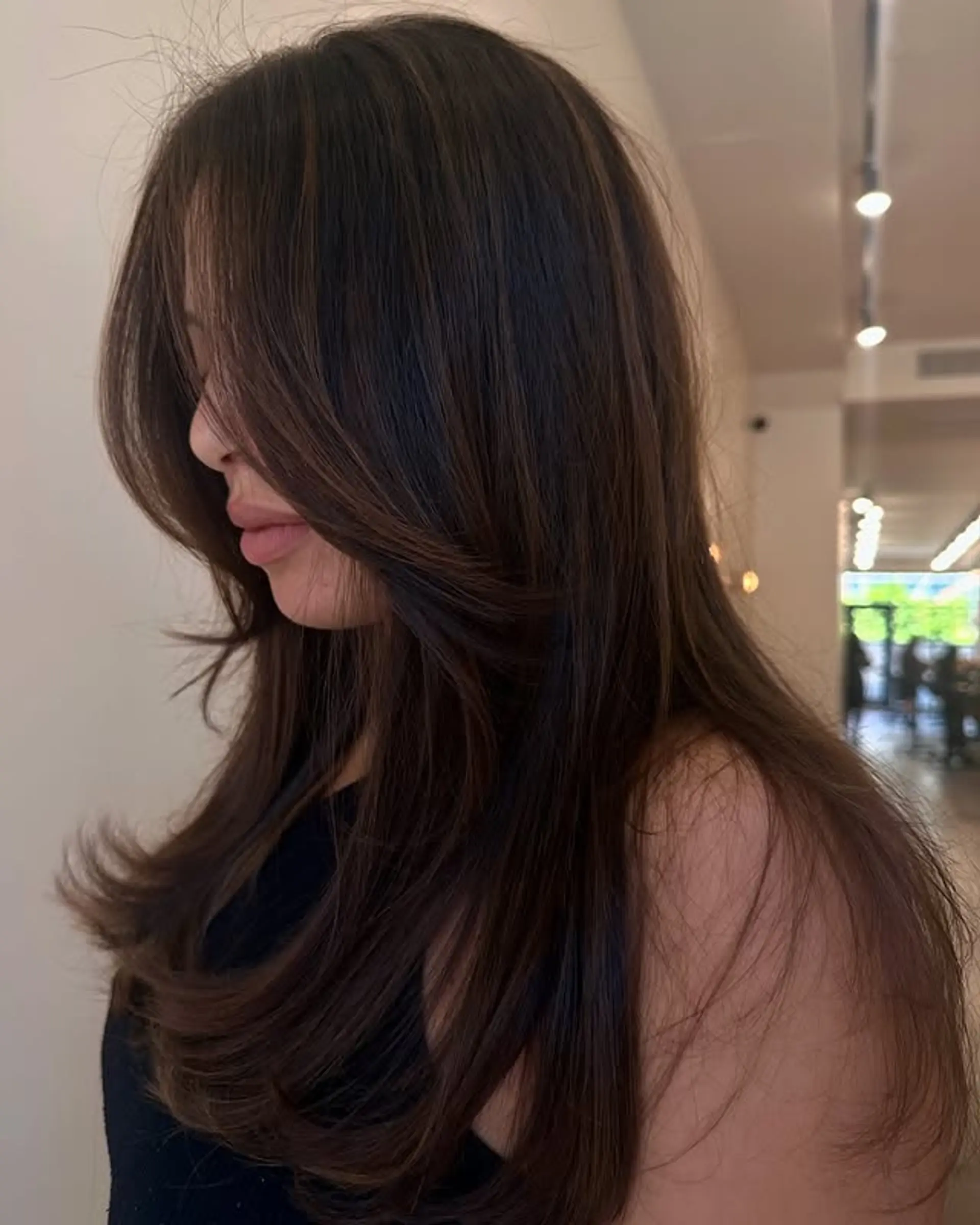 Long, layered straight hair with subtle face-framing highlights. 1