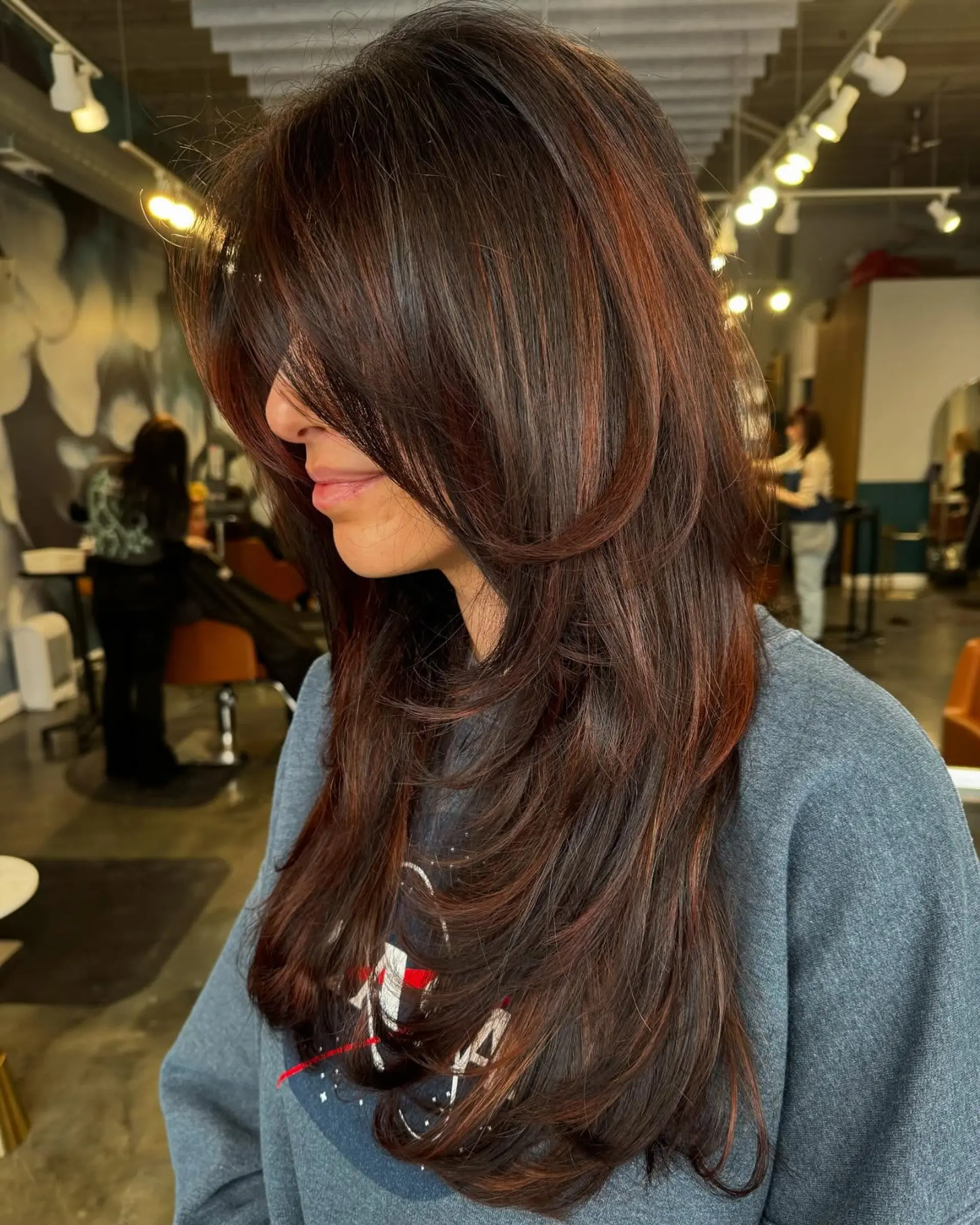 A long straight hairstyle with long layers and copper highlights. 1