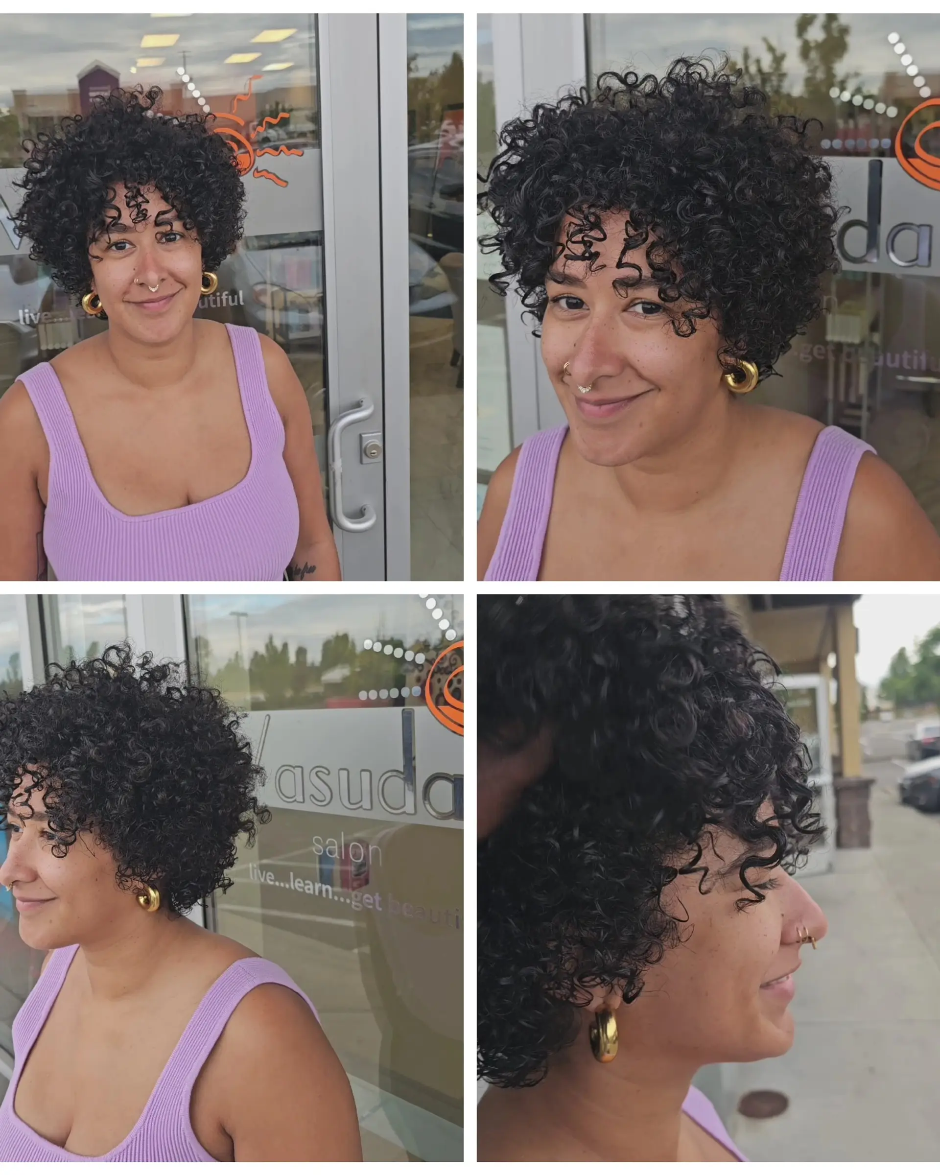 A rounded short curly haircut featuring defined spiral curls and soft, textured curly fringe. 1