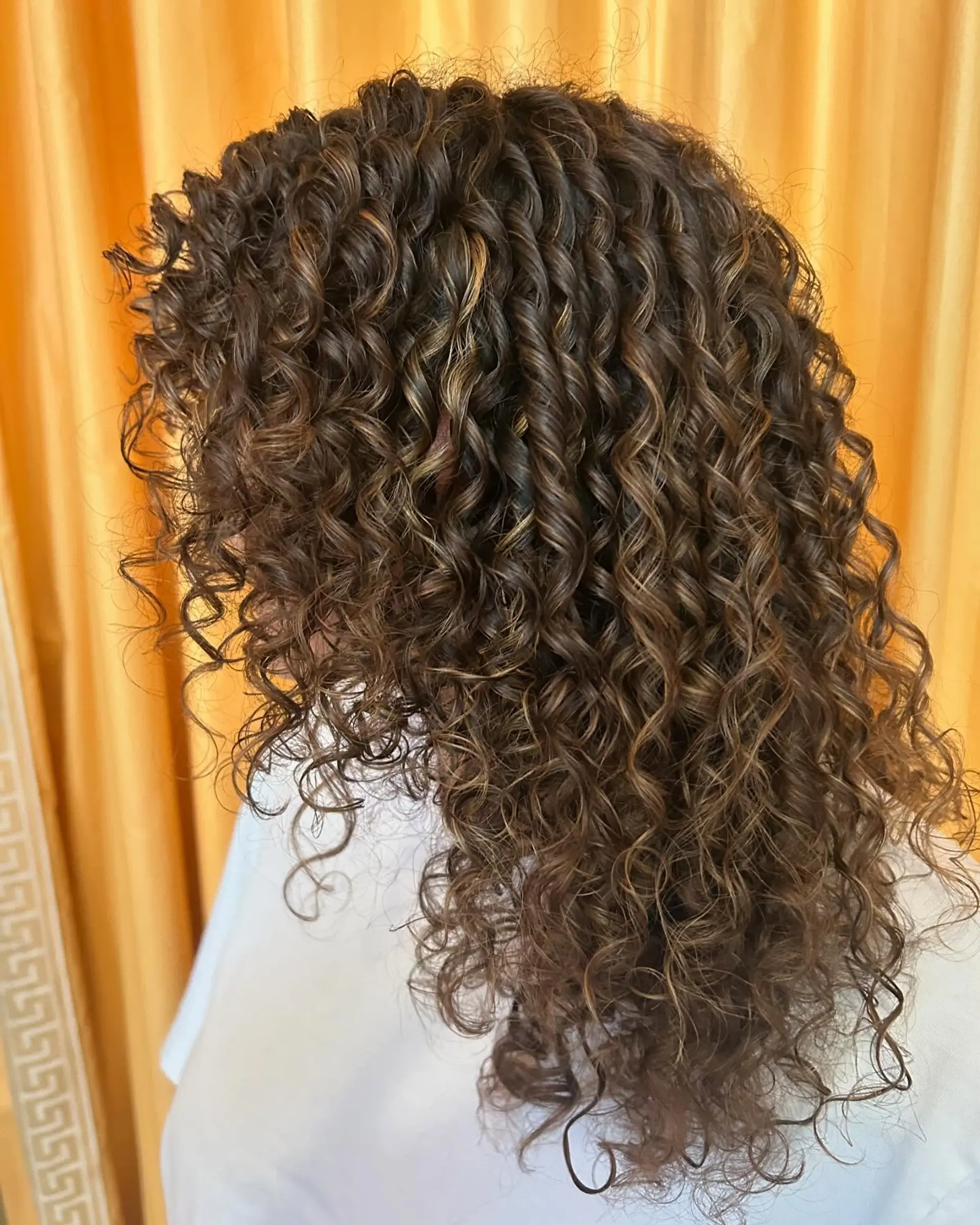 Defined, bouncy medium-length spiral curls in a rich brunette shade with subtle caramel highlights. 1