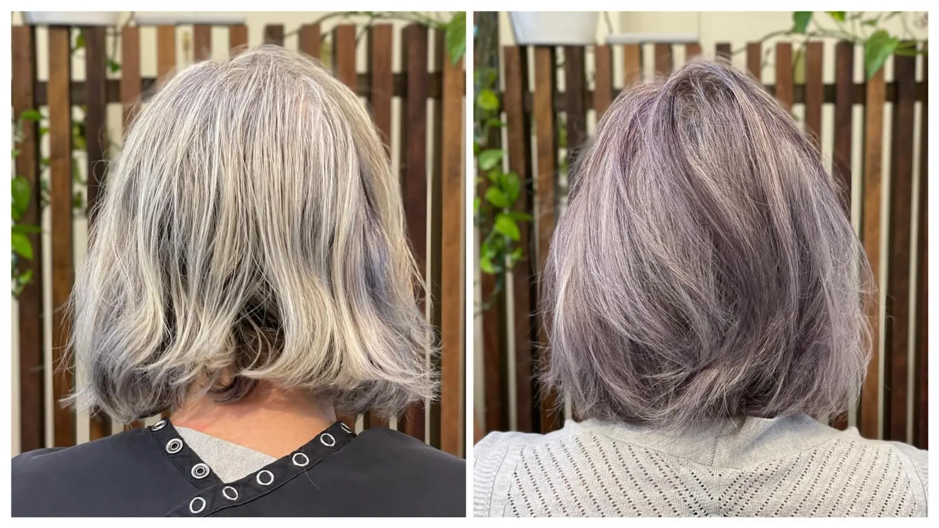 A textured neck-length bob enhanced with a subtle lavender gloss over silver hair. 1