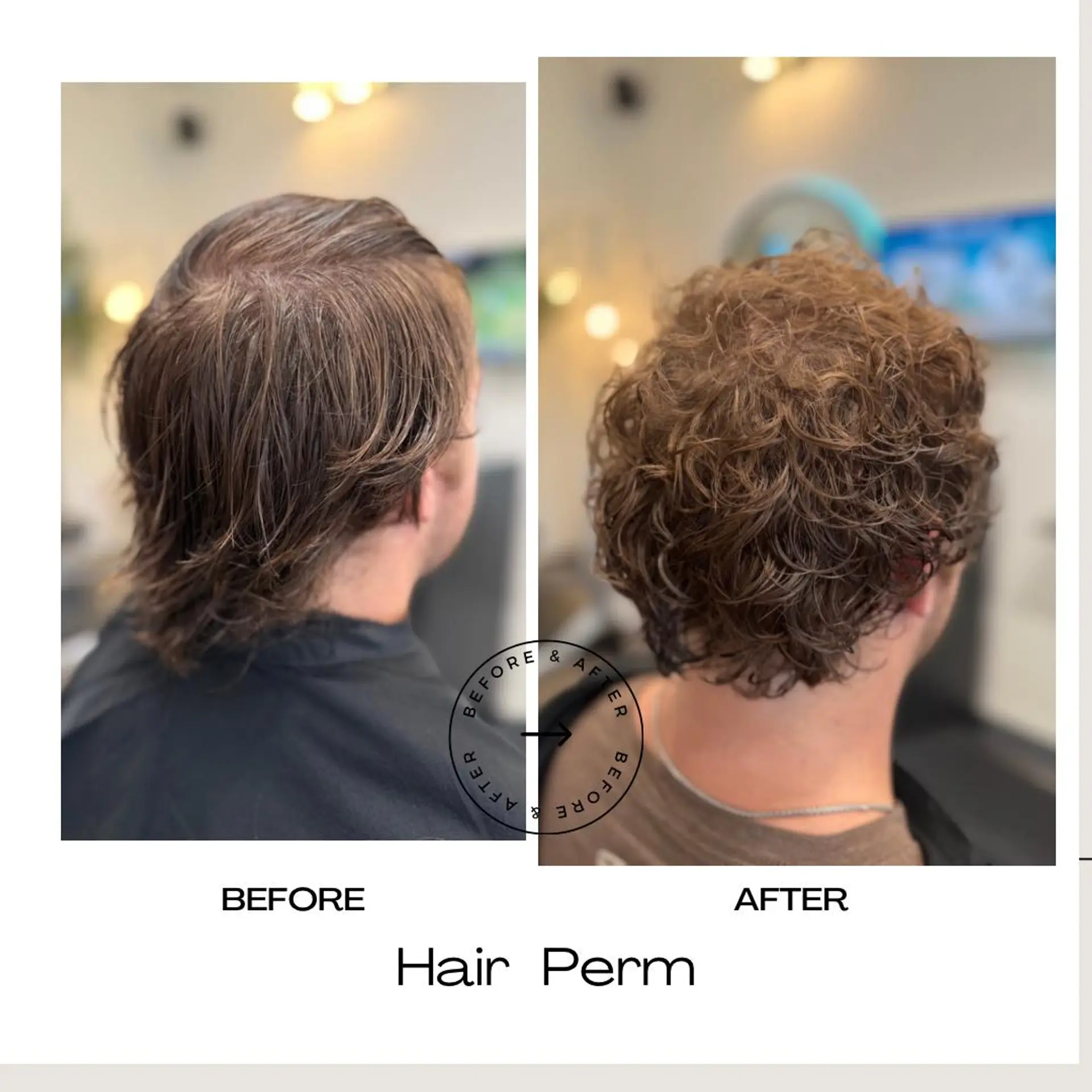 A dramatic before-and-after perm transformation showing straight hair turned into defined, voluminous curls. 1