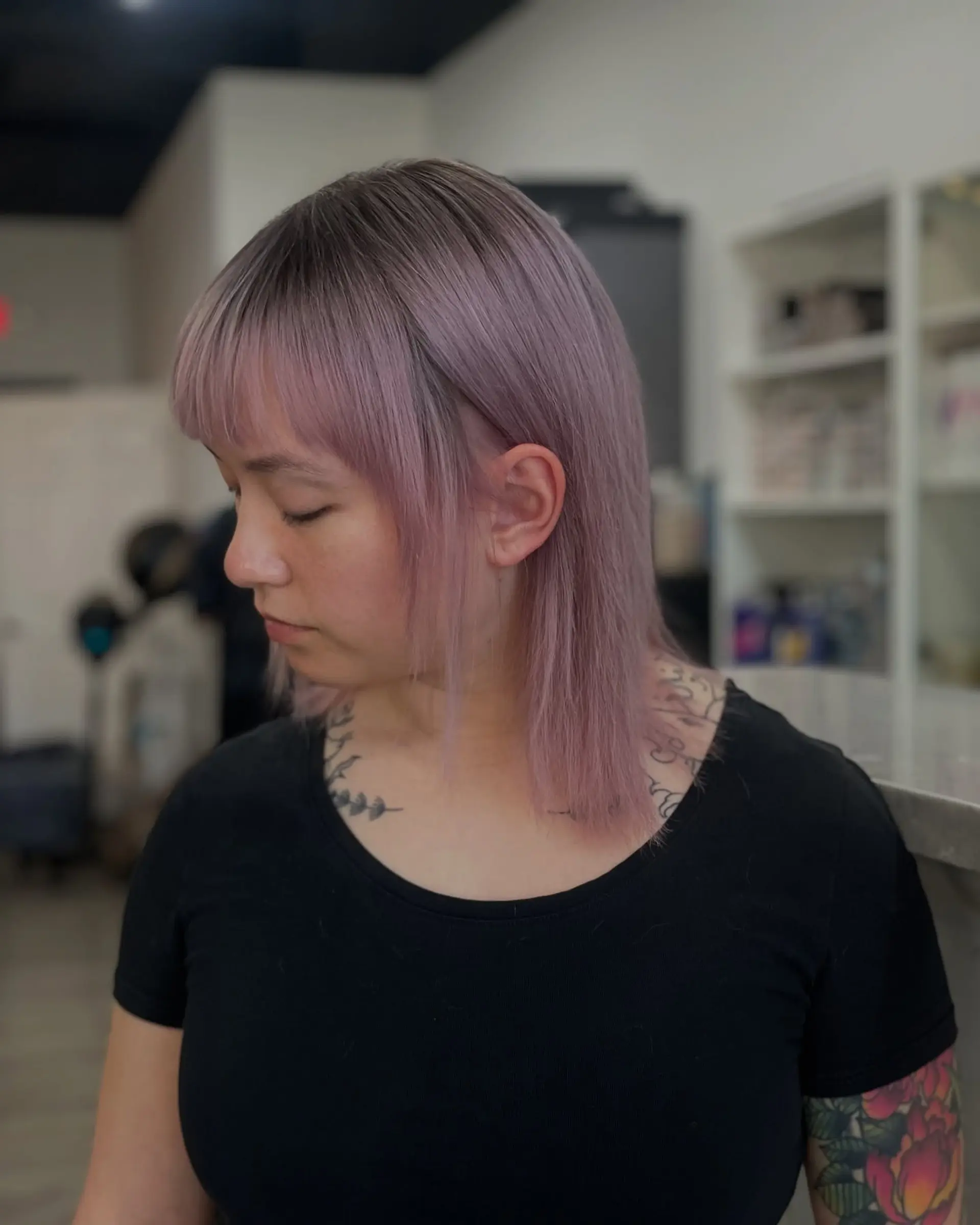 Medium-length Hime cut with blunt bangs and a modern pastel color. 1