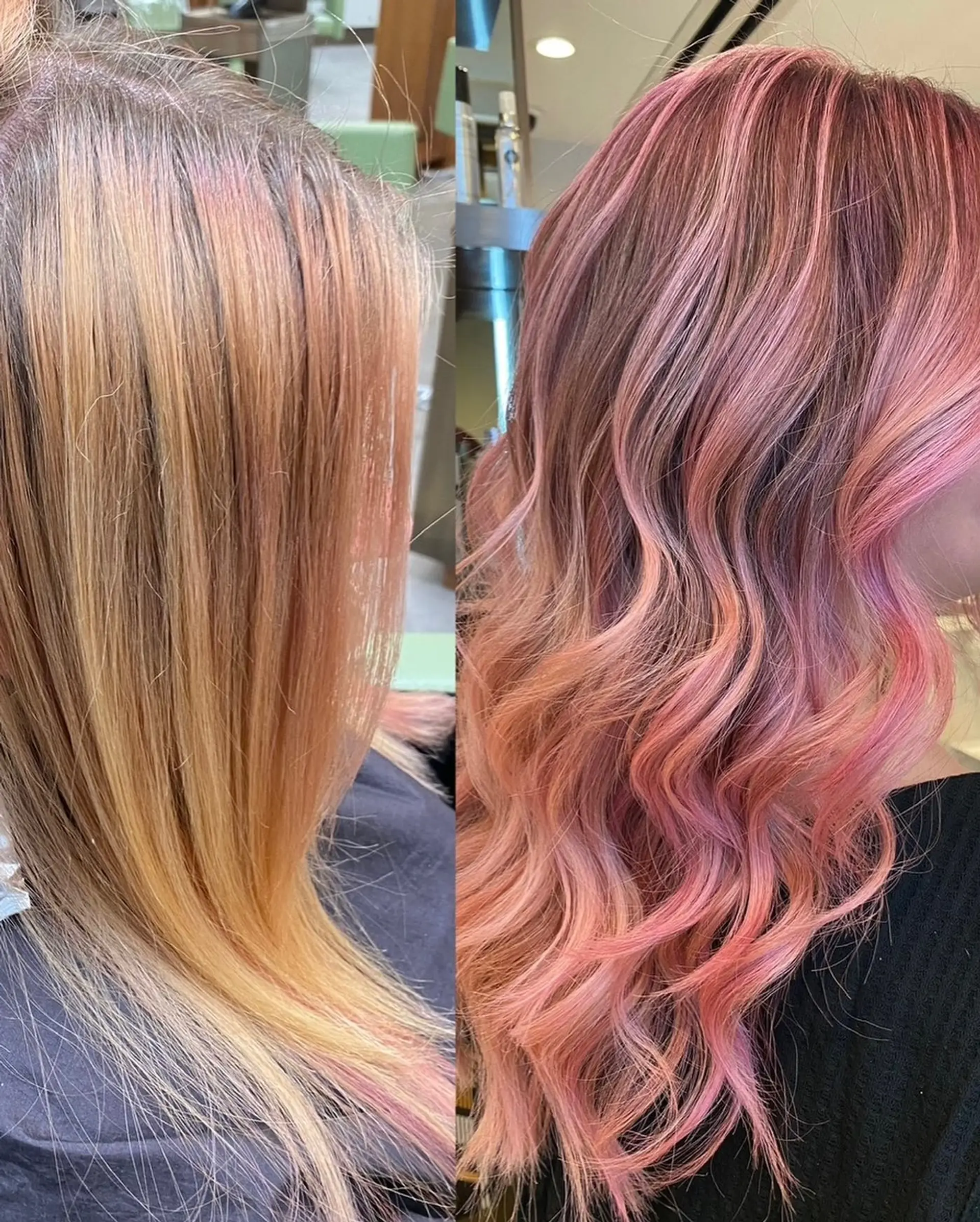 Long wavy hair with a strawberry pink balayage. 4