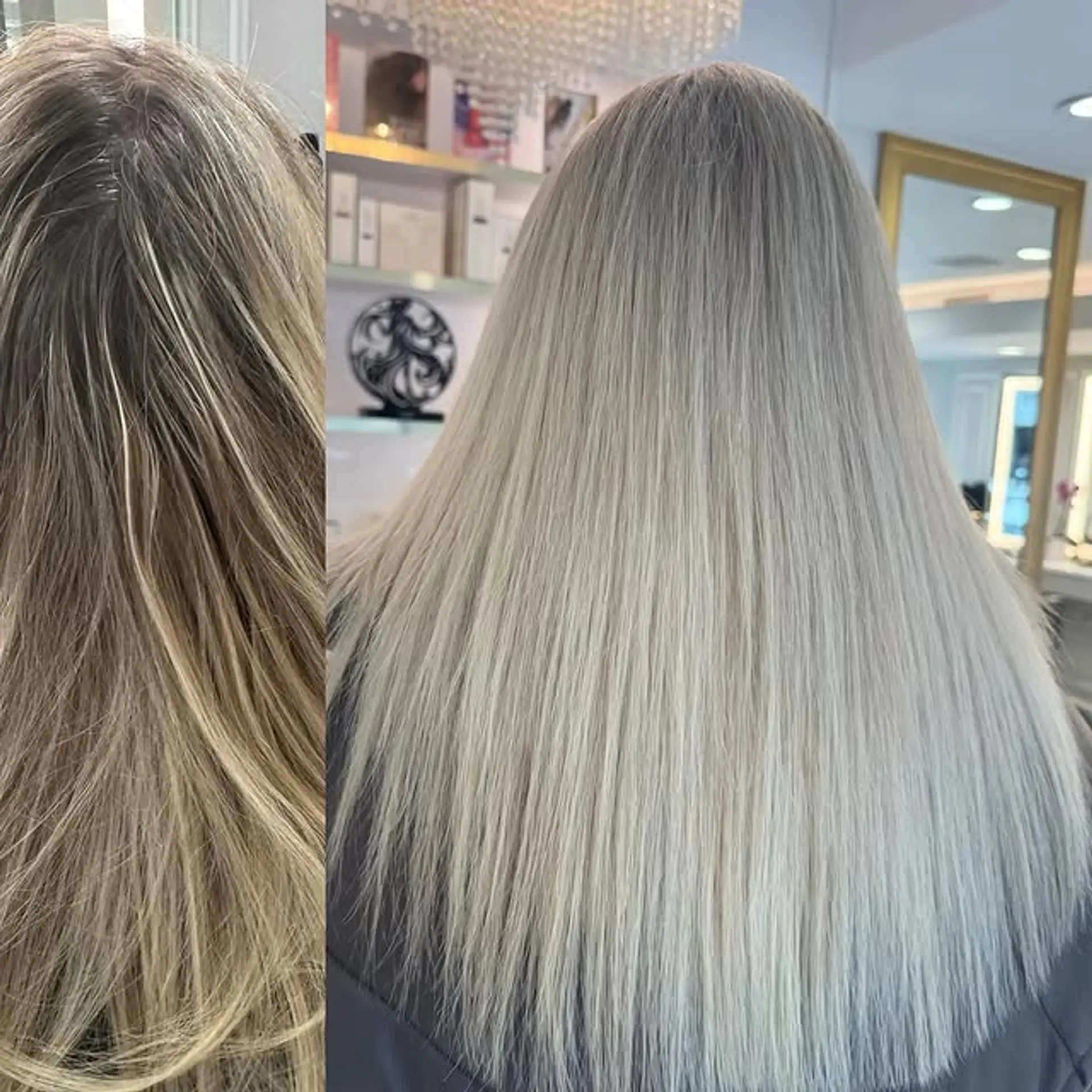 A striking icy blonde color transformation with a root touch-up for a seamless, cool-toned look. 1