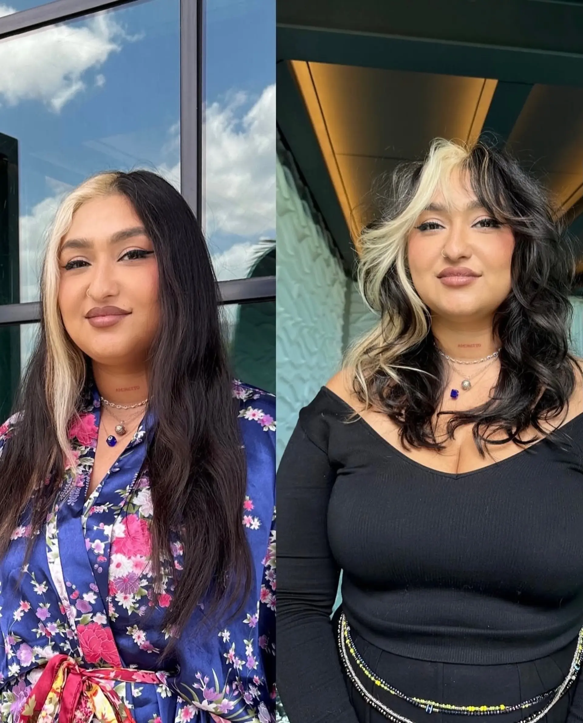 A medium-length textured shag haircut styled with voluminous waves, layered face-framing pieces, and a stark blonde money piece. 1
