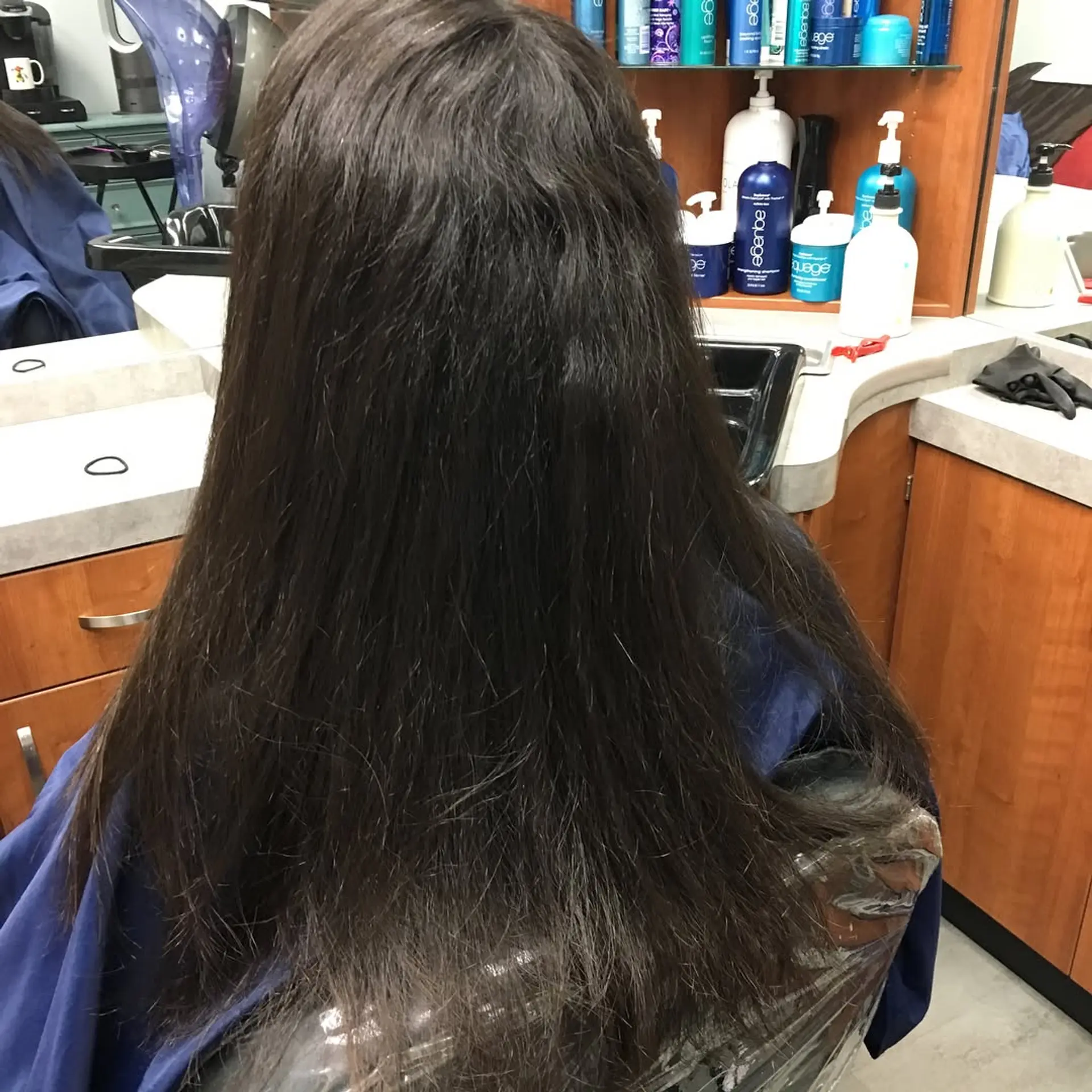 Long, dark brown hair smoothed into a straight style, photographed from the back in a salon chair. 1
