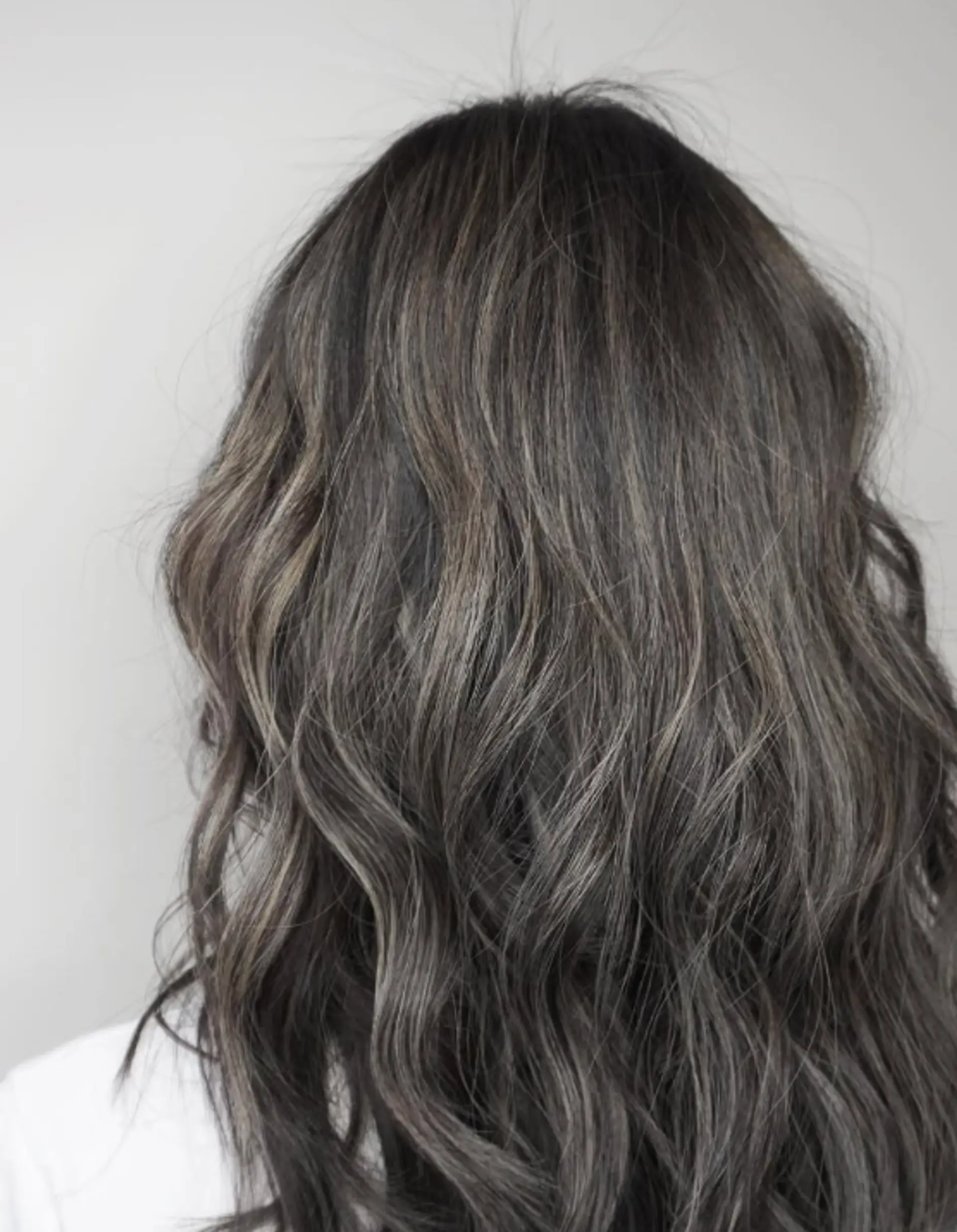 Long, wavy hair with silver highlights creating a blended gray effect. 1