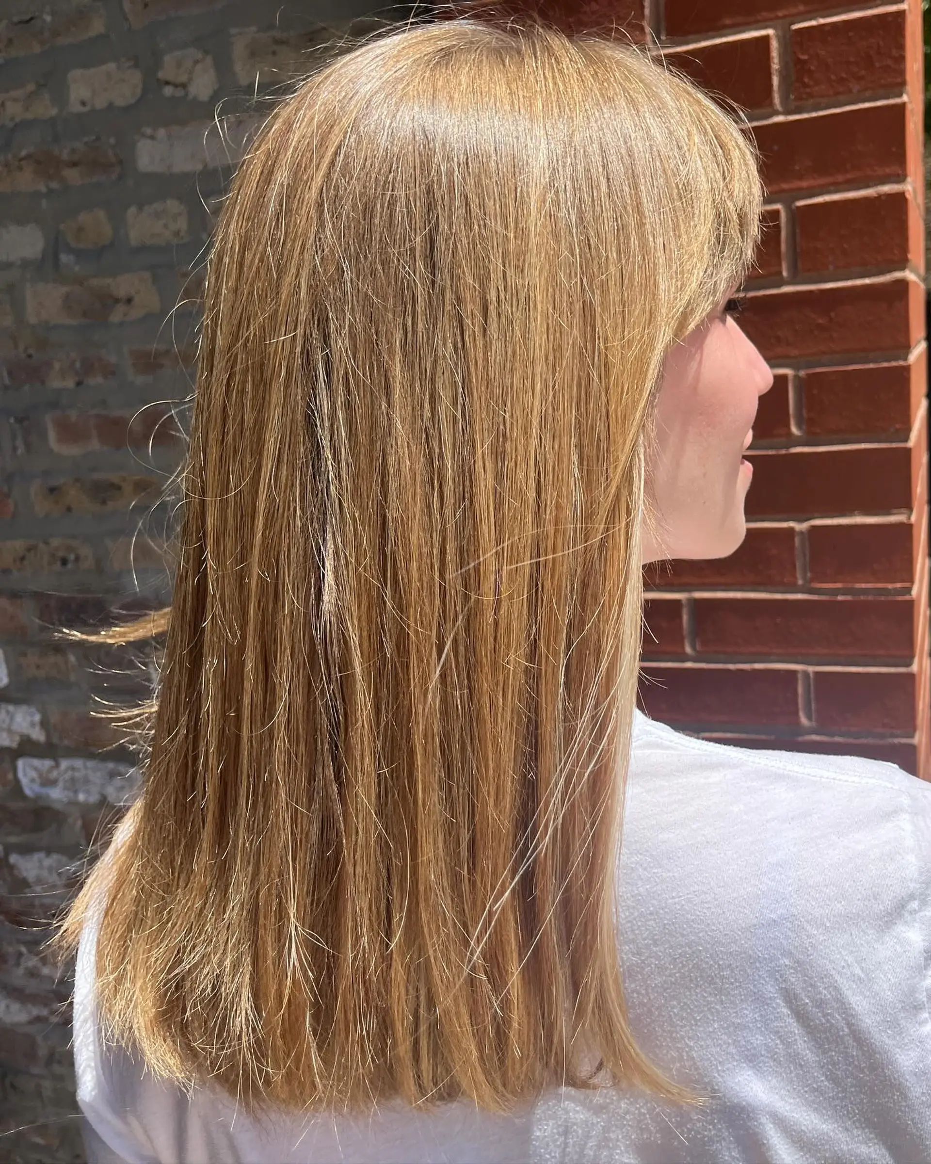 A classic straight cut with blunt bangs and layered ends. 1