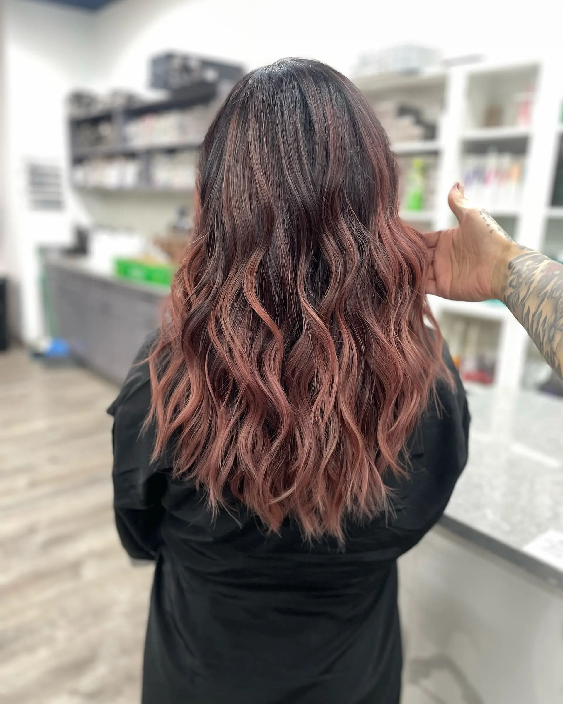Wavy medium-length hair with a rose gold ombre. 1