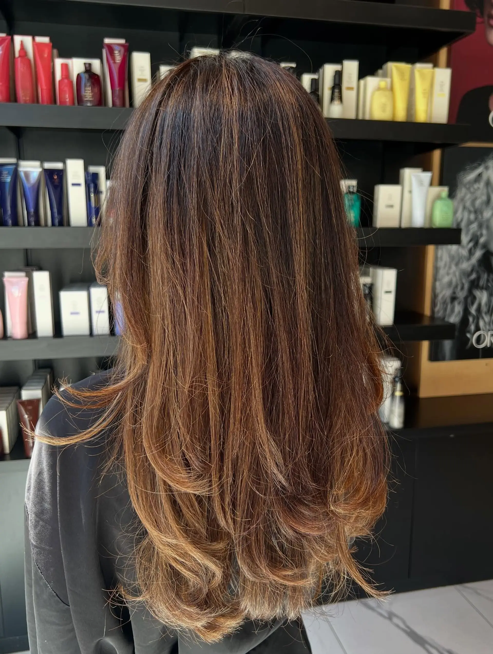 Long layered brunette hair featuring warm caramel highlights and dimensional balayage, styled with feathered ends. 1