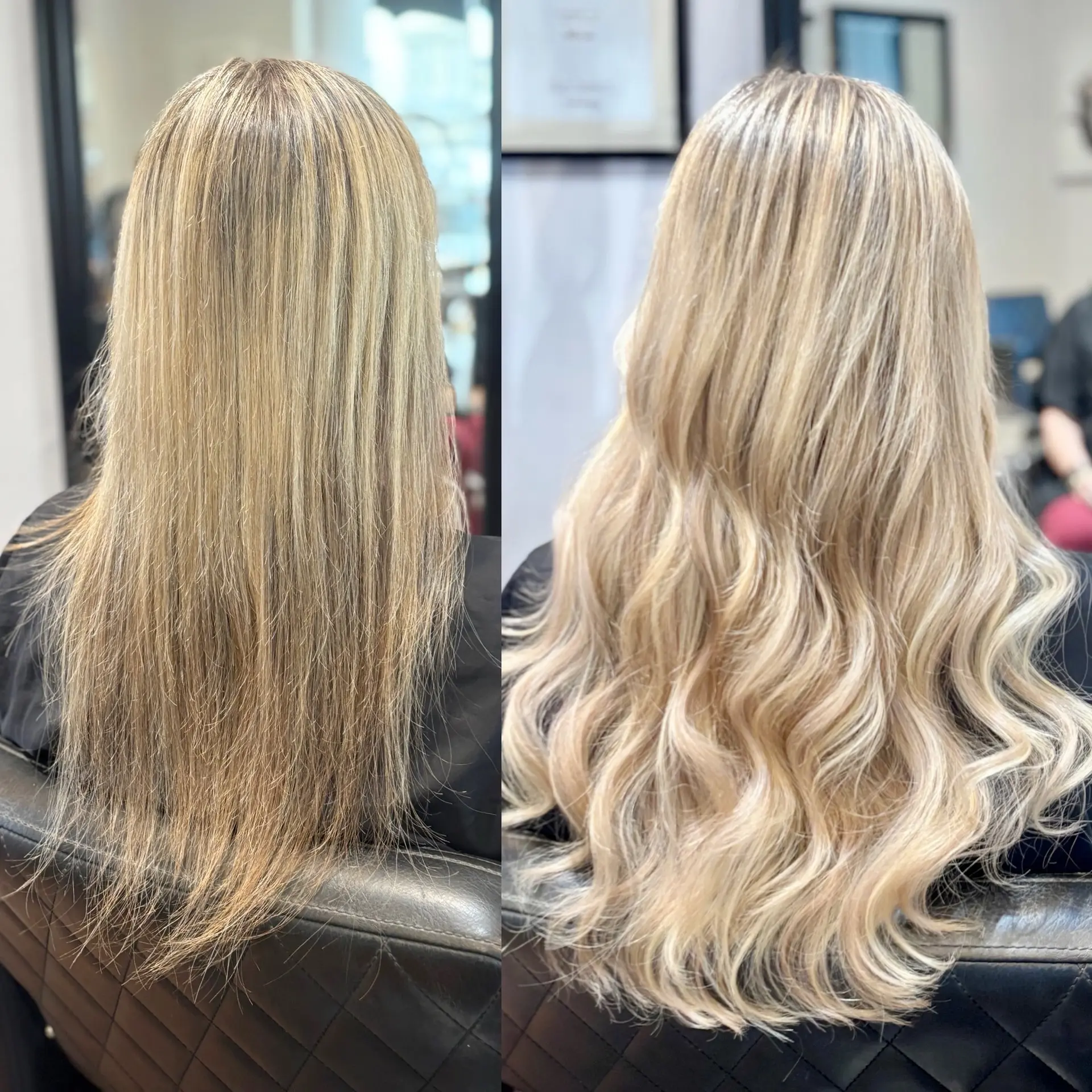A side-by-side transformation showcasing long blonde hair enhanced with extensions for fullness, styled into soft, voluminous waves. 1