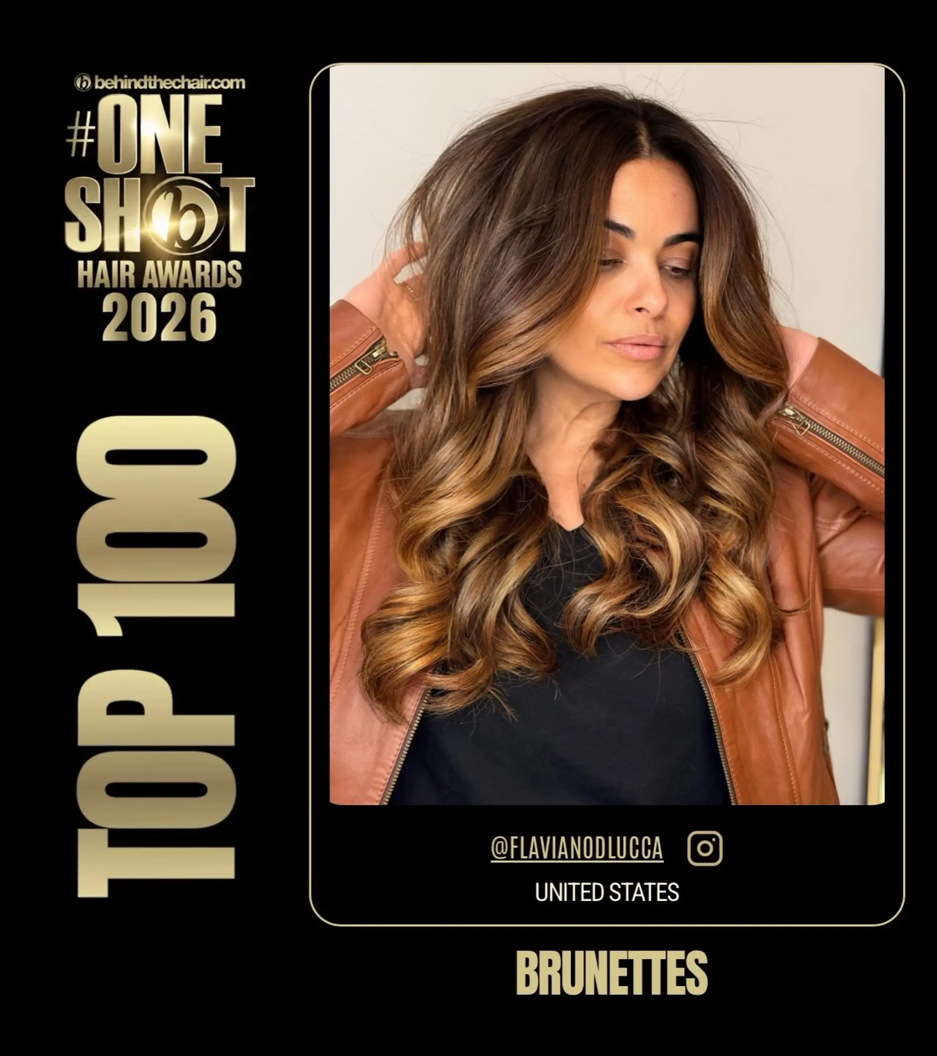 Rich brunette hair featuring seamless caramel balayage highlights styled into voluminous, loose waves with face-framing pieces. 1