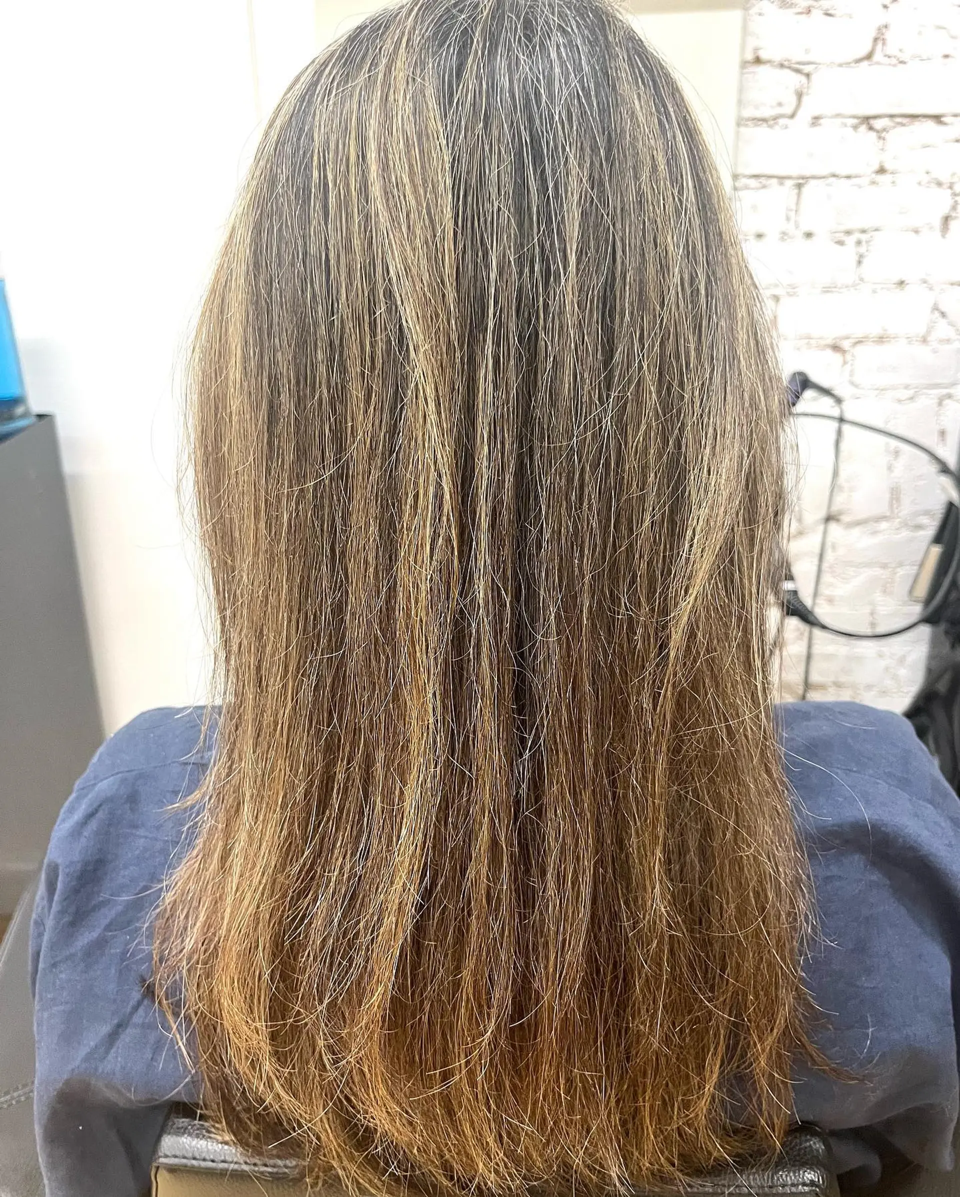 Long straight hair featuring fine foilyage highlights and lowlights seamlessly blended to soften natural grey. 1
