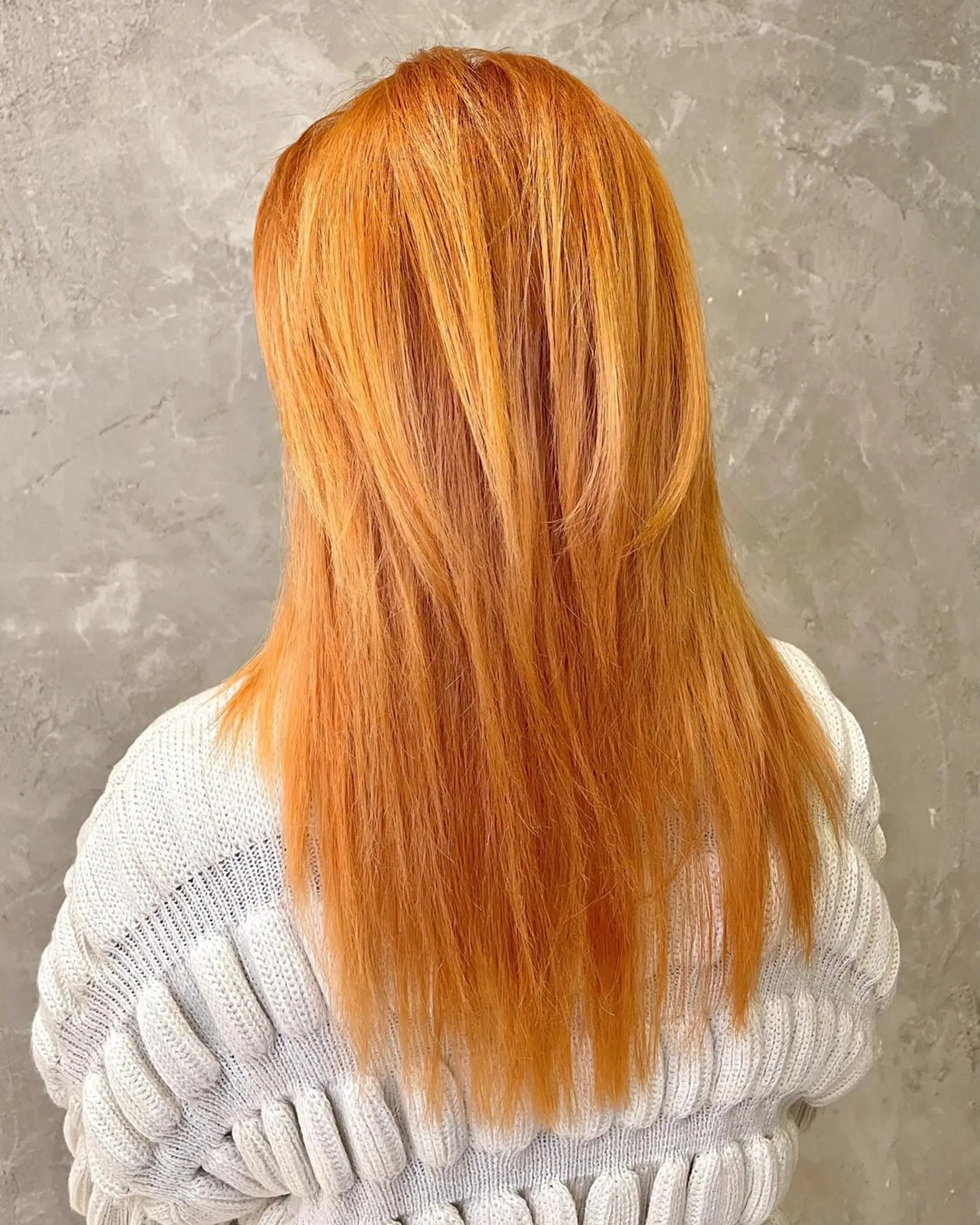 Long, straight hair with vibrant orange and copper hues, layered for dimension, with an even cut and a shiny finish. 🍊Hair by @kelvin_ly1011 🍊 1