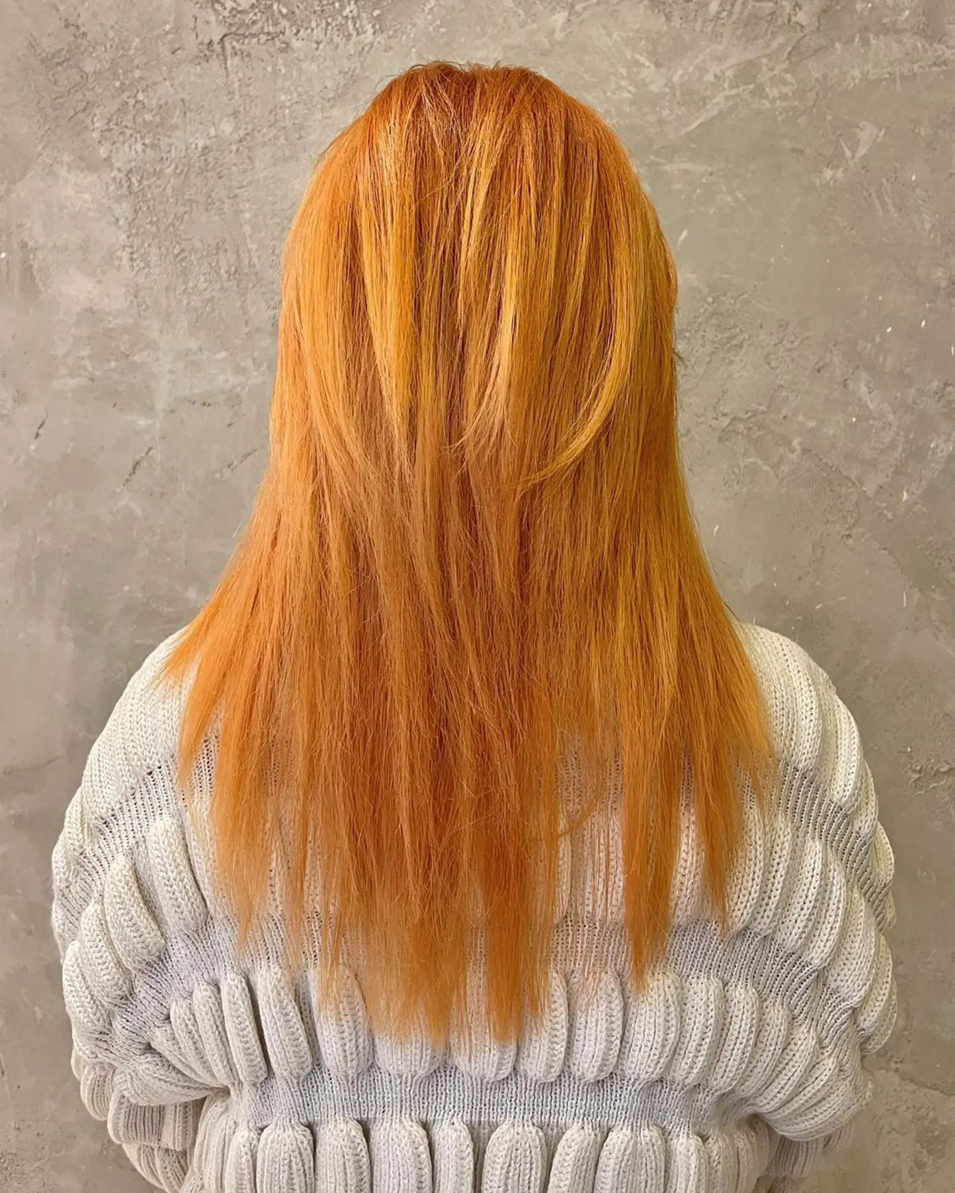 Long, straight hair with vibrant orange and copper hues, layered for dimension, with an even cut and a shiny finish. 🍊Hair by @kelvin_ly1011 🍊 2