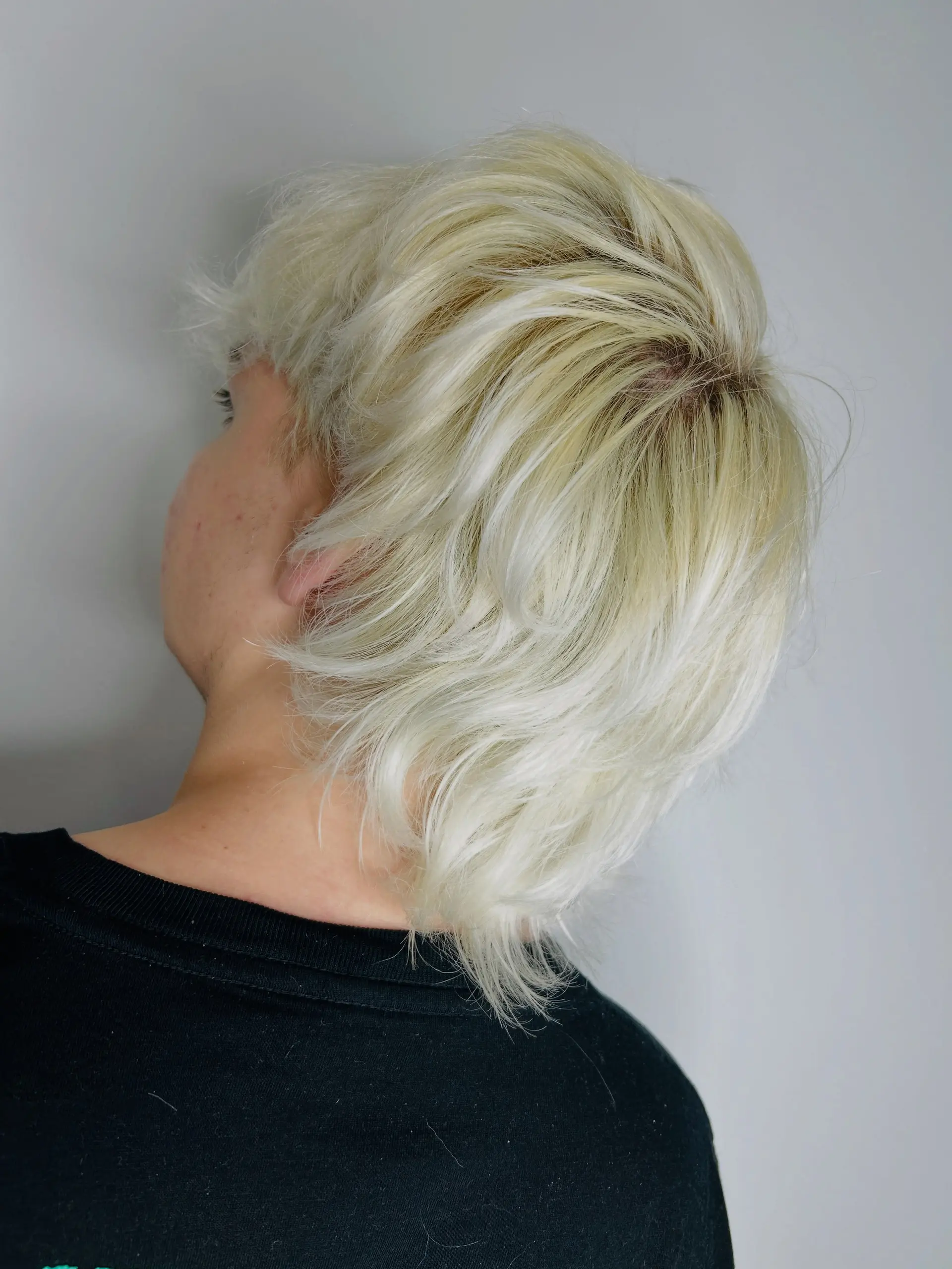 A short, textured platinum blonde haircut styled with soft, feathered layers and natural movement around the ears and nape. 1