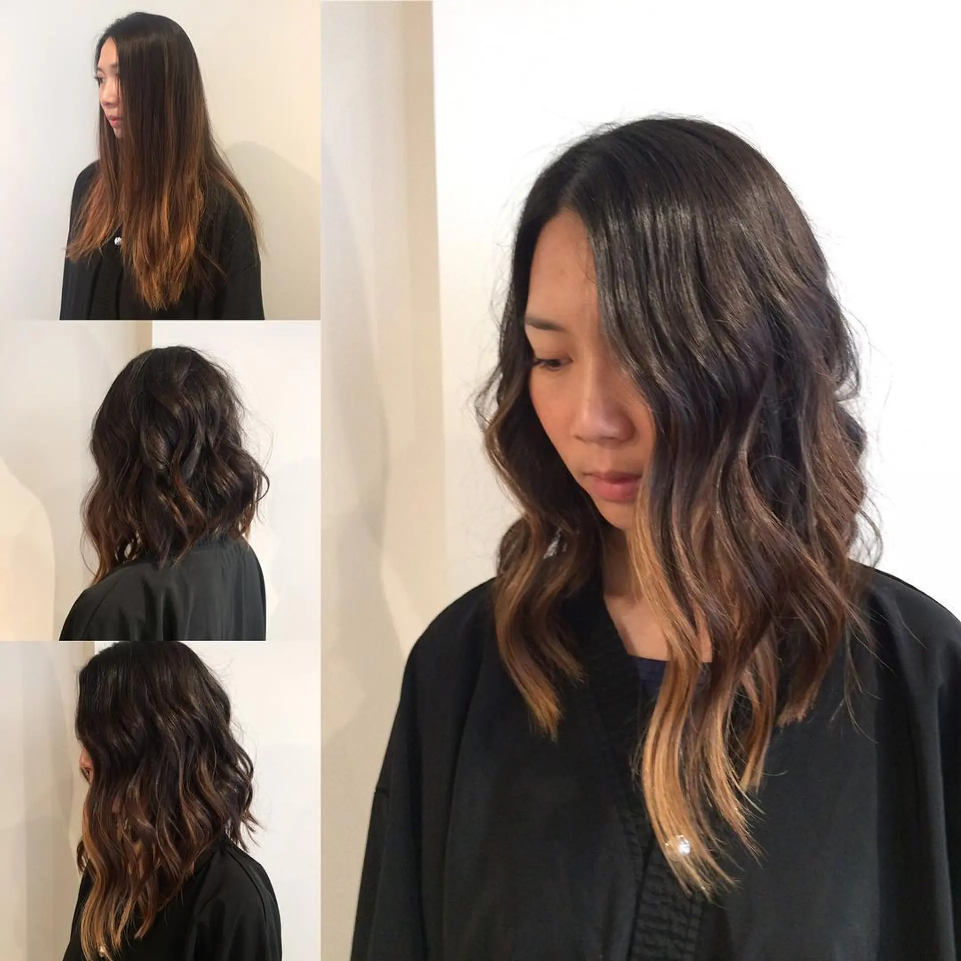 A textured shoulder-length lob styled with loose, relaxed waves highlighting subtle caramel tones. 1