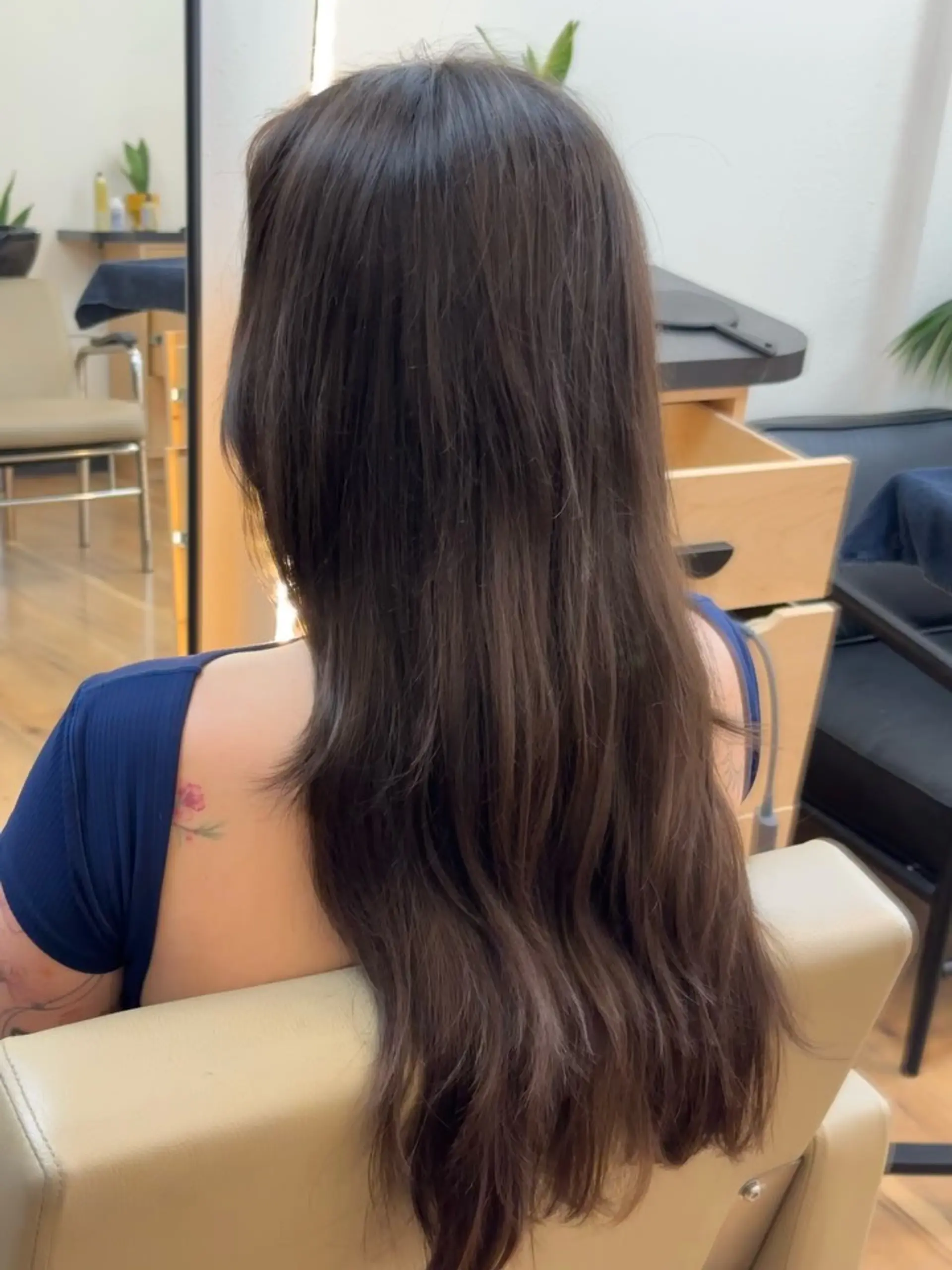 Long cool-toned brunette hair featuring soft natural waves and gentle layering. 1