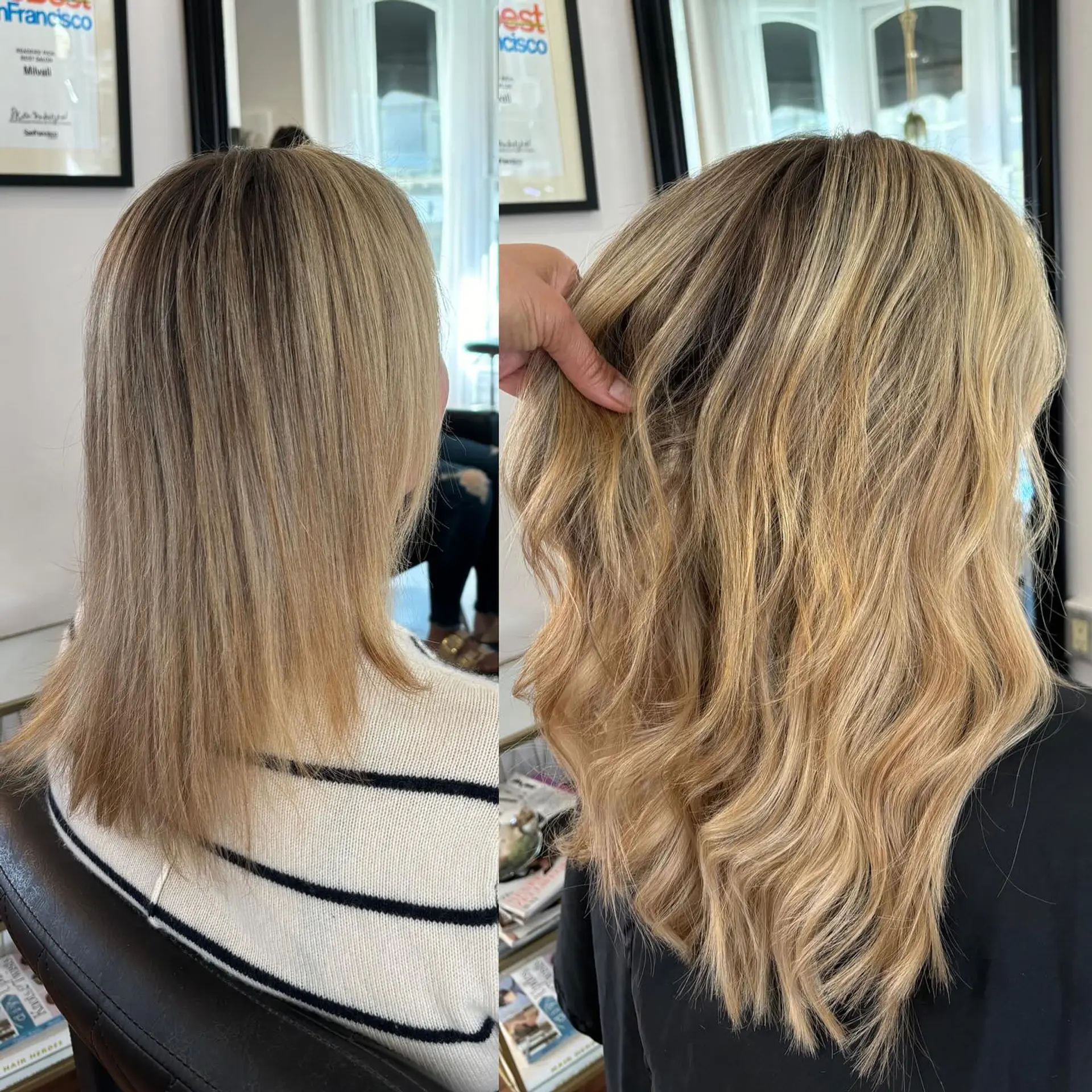 Before-and-after comparison showing I-tip hair extensions added for enhanced volume, length, and natural multi-tonal blonde dimension styled with soft waves. 1