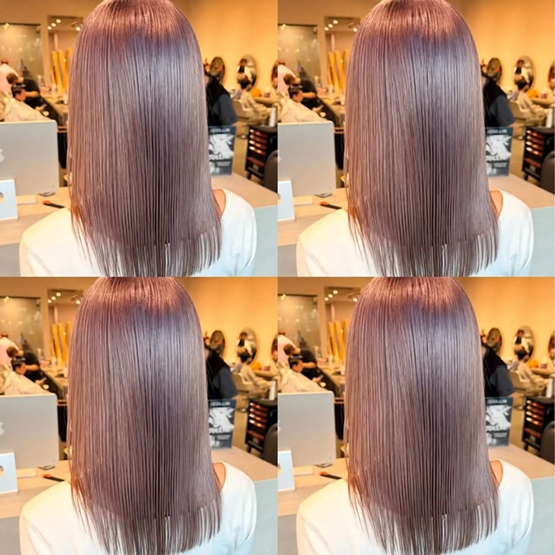 A sleek, shoulder-length blunt cut with a vibrant lilac color. 1