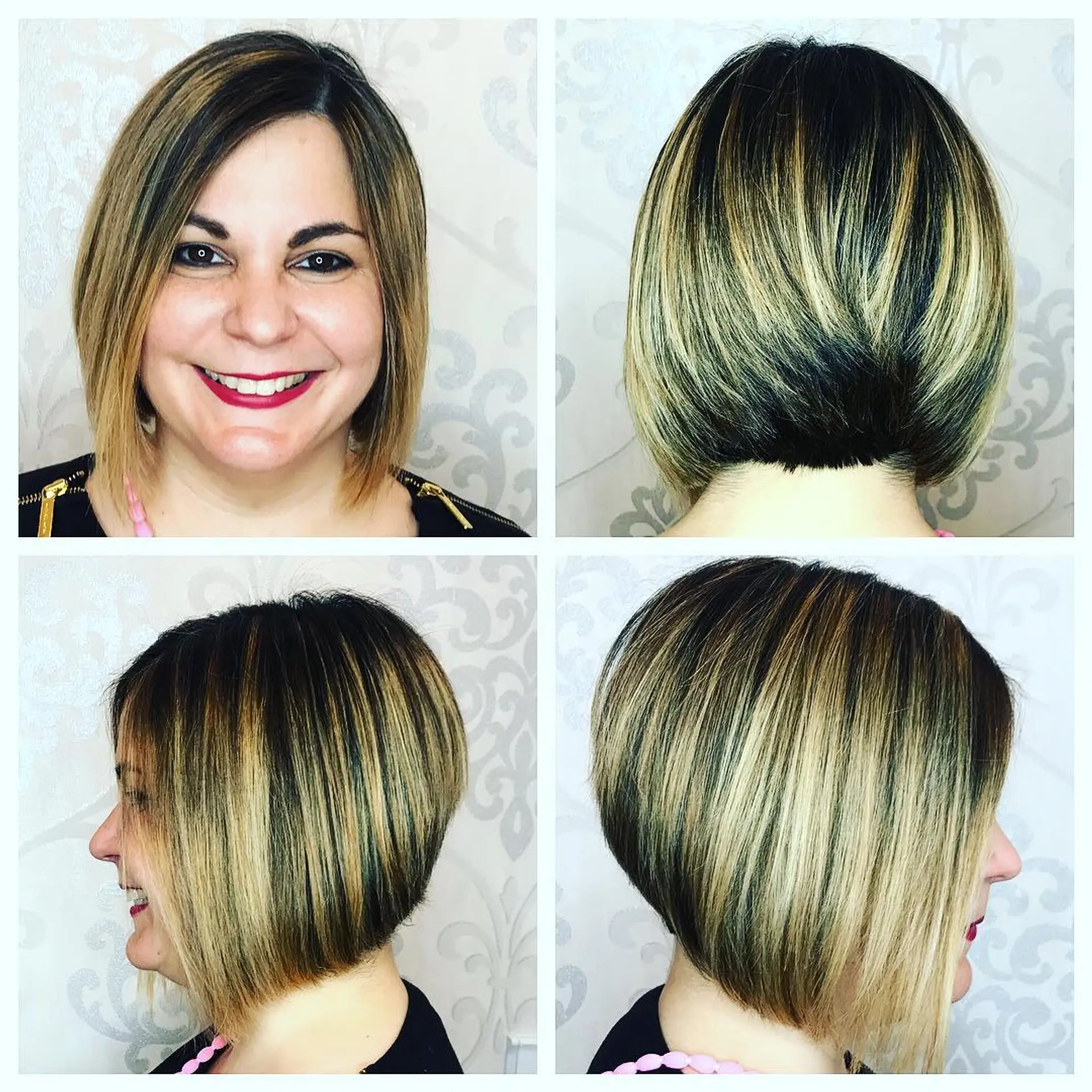 A sleek, angled stacked bob haircut featuring blonde highlights over a brown base. 1