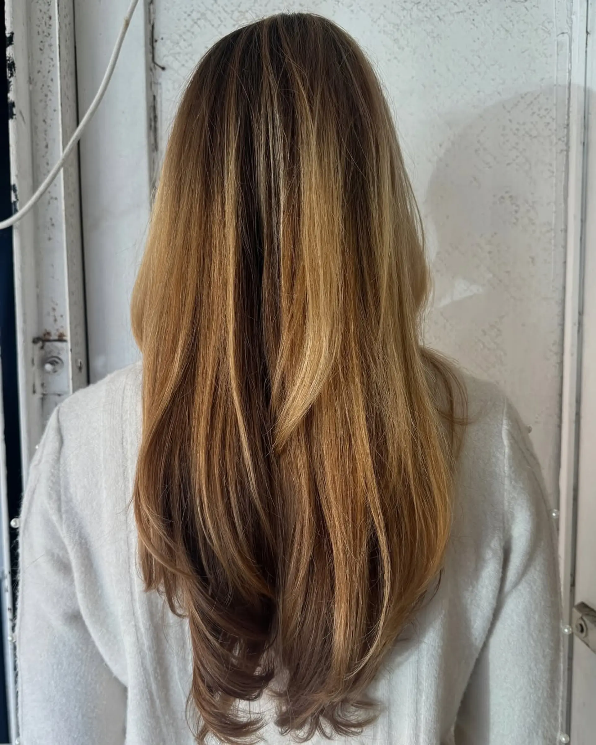 Long, straight hair with natural blonde and light brown tones, featuring soft layers and subtle highlights. 1