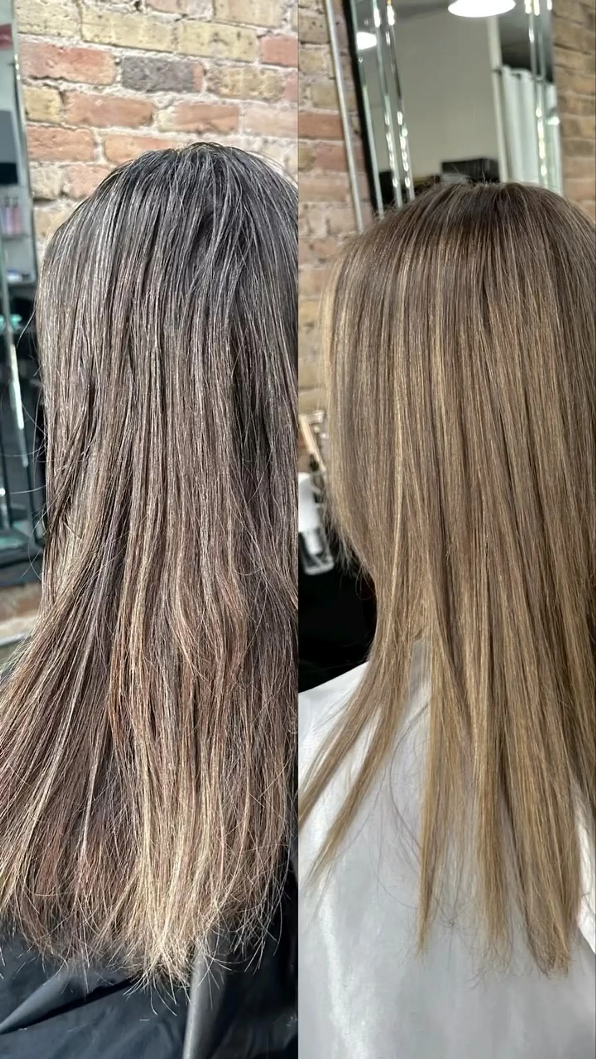 A sleek, smooth straight hairstyle featuring seamless grey blending with natural ash blonde tones. 1