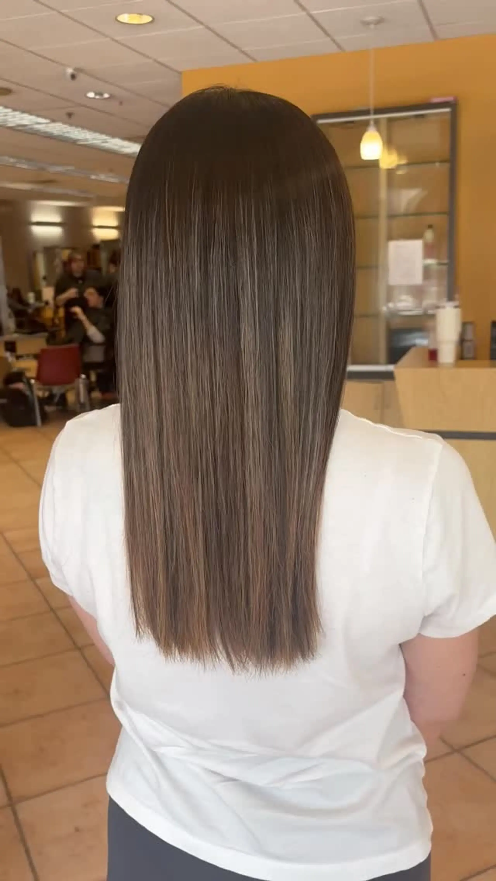 Straight, glossy long brown hair styled with a smooth blowout finish. 1