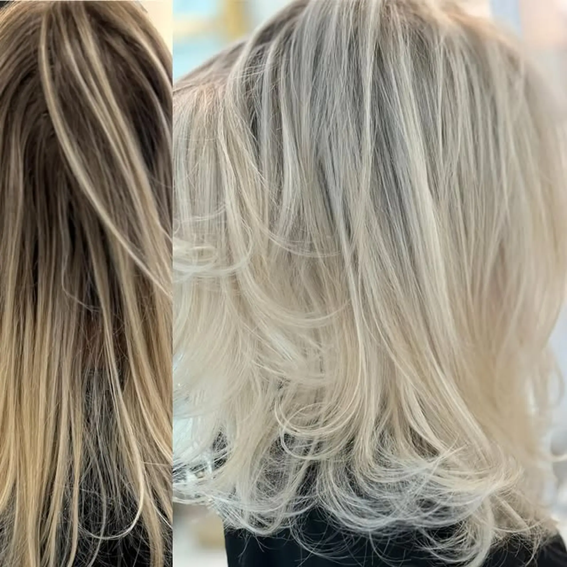 A stylish layered lob with cool platinum blonde tones. 1