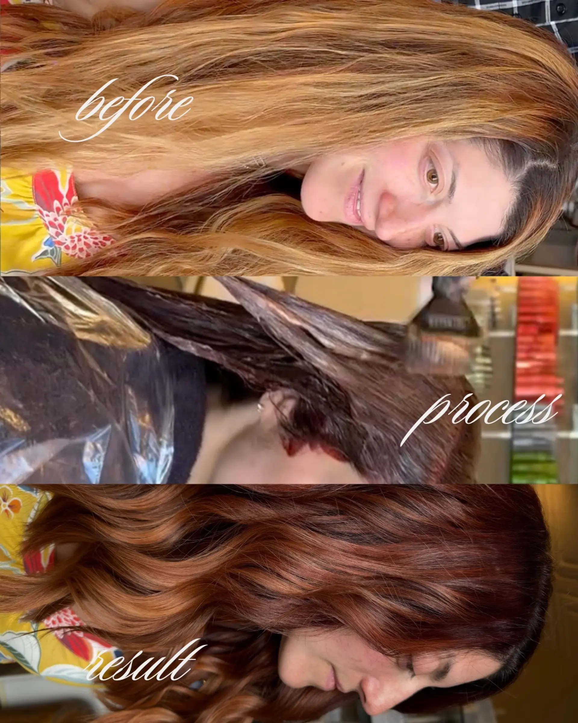 Rich dimensional copper-auburn hair color styled into soft, flowing loose waves. 1