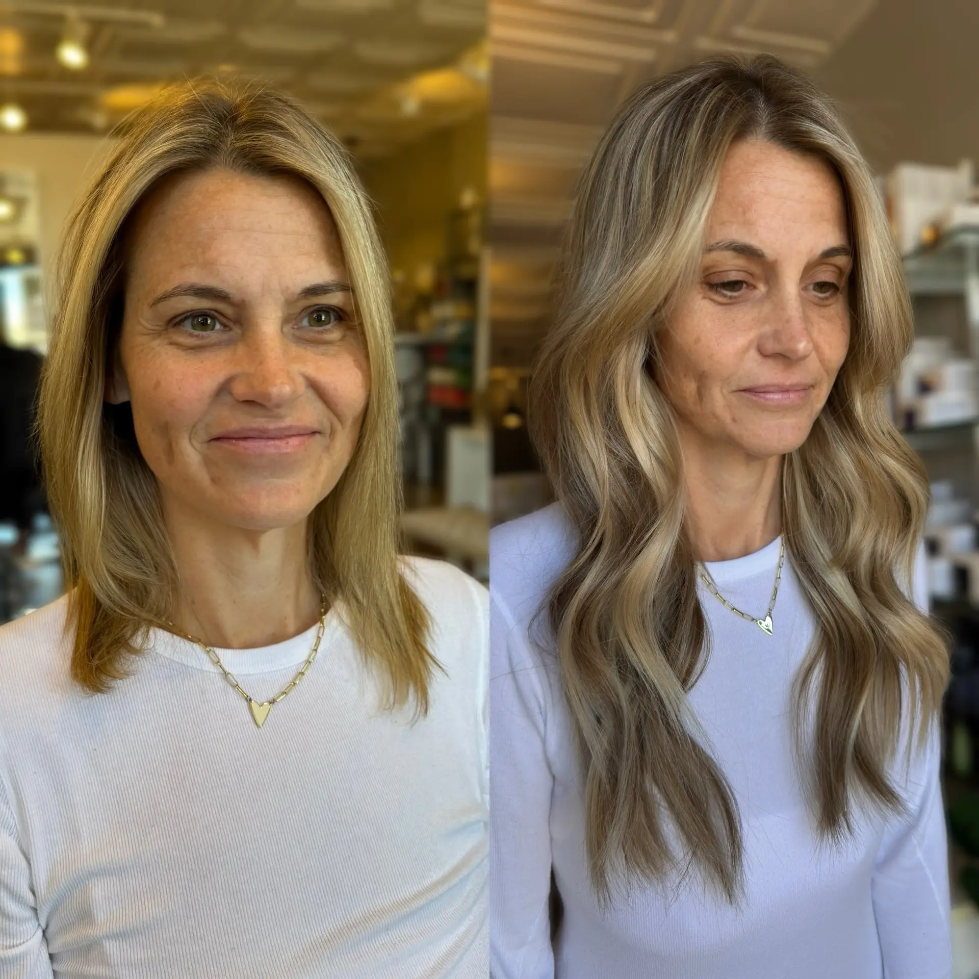 A side-by-side transformation showcasing weft hair extensions blended into a shoulder-length cut, styled with soft, dimensional blonde waves. 1