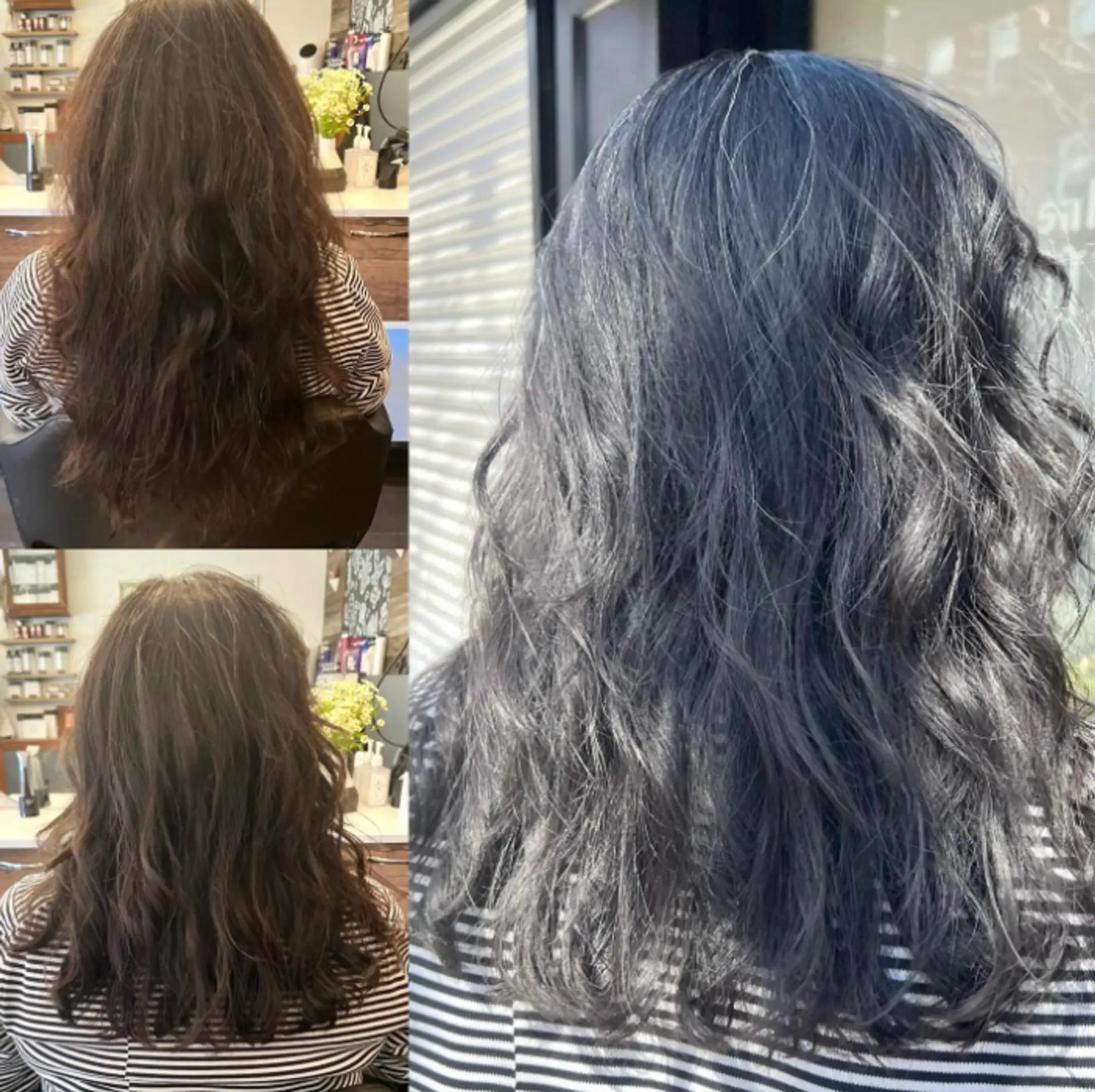 A medium-length wavy hairstyle colored in a beautiful silver-gray shade. 1