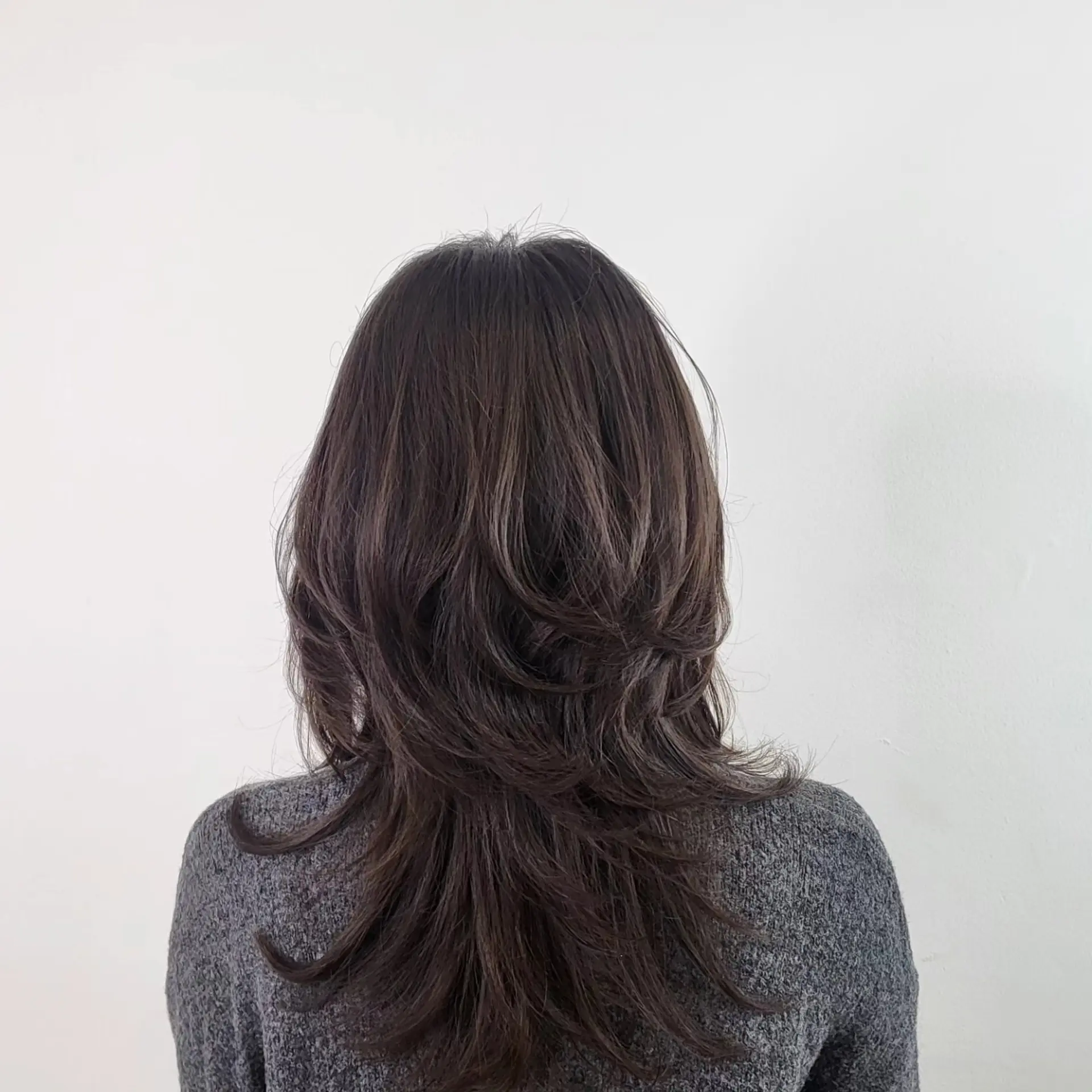 Long dark brown hair styled with voluminous cascading layers and feathered flipped ends viewed from the back. 1