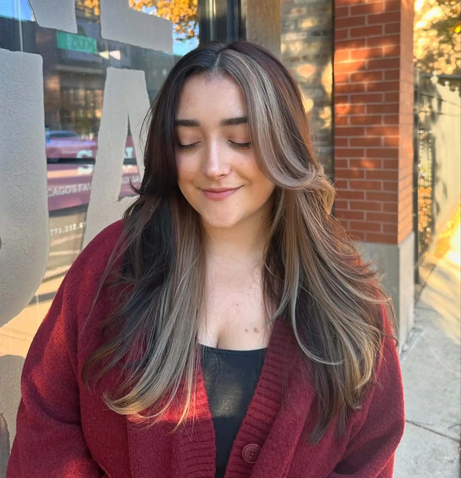 A long layered hairstyle with face-framing layers and a bold money piece. 2